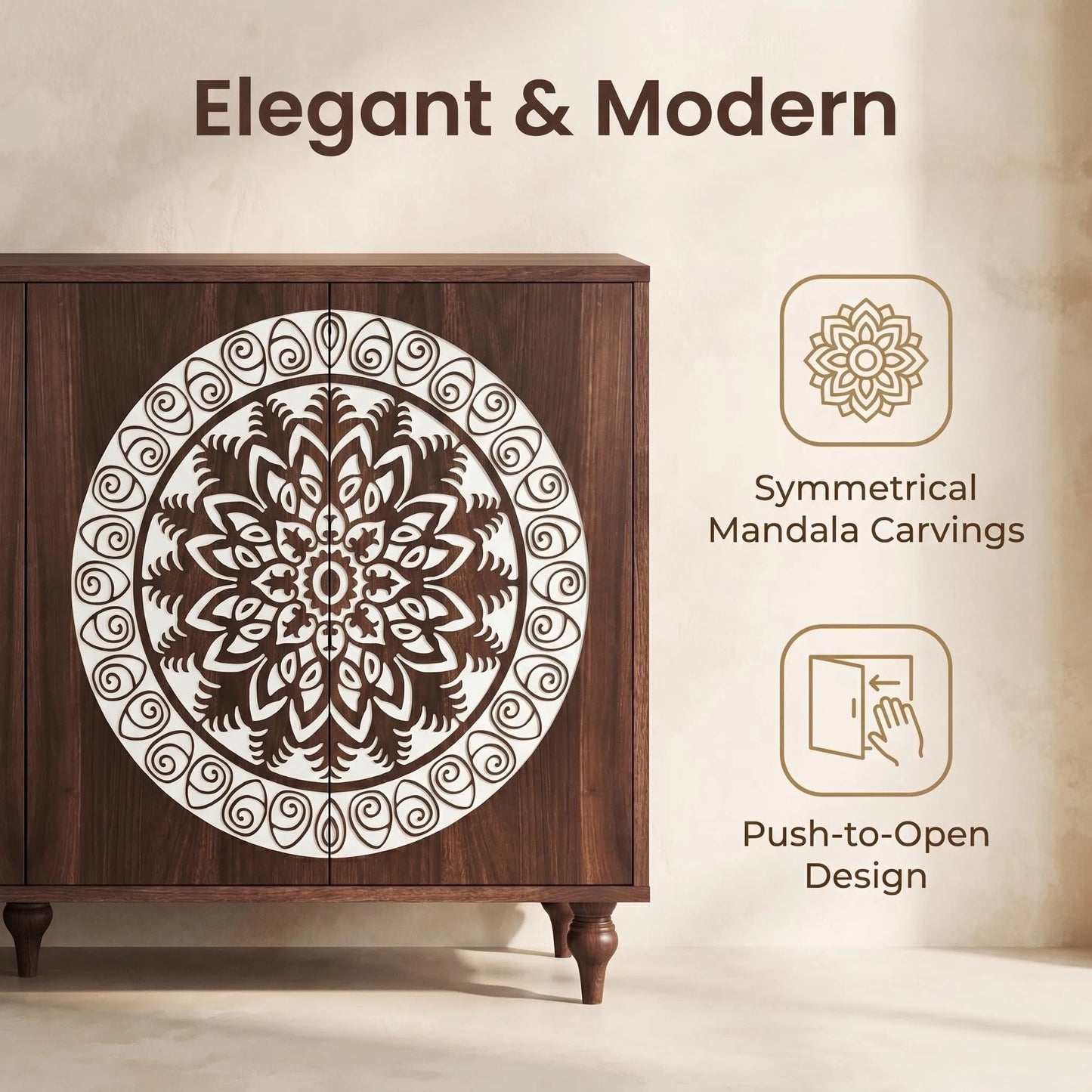 60' Vintage Mandala Carved Walnut Grain Sideboard, 4 Door Boho Buffet Cabinet, Mid-Century Elevated Legs Storage Credenza for Entryway, Dining Room, Living Room detail view 9