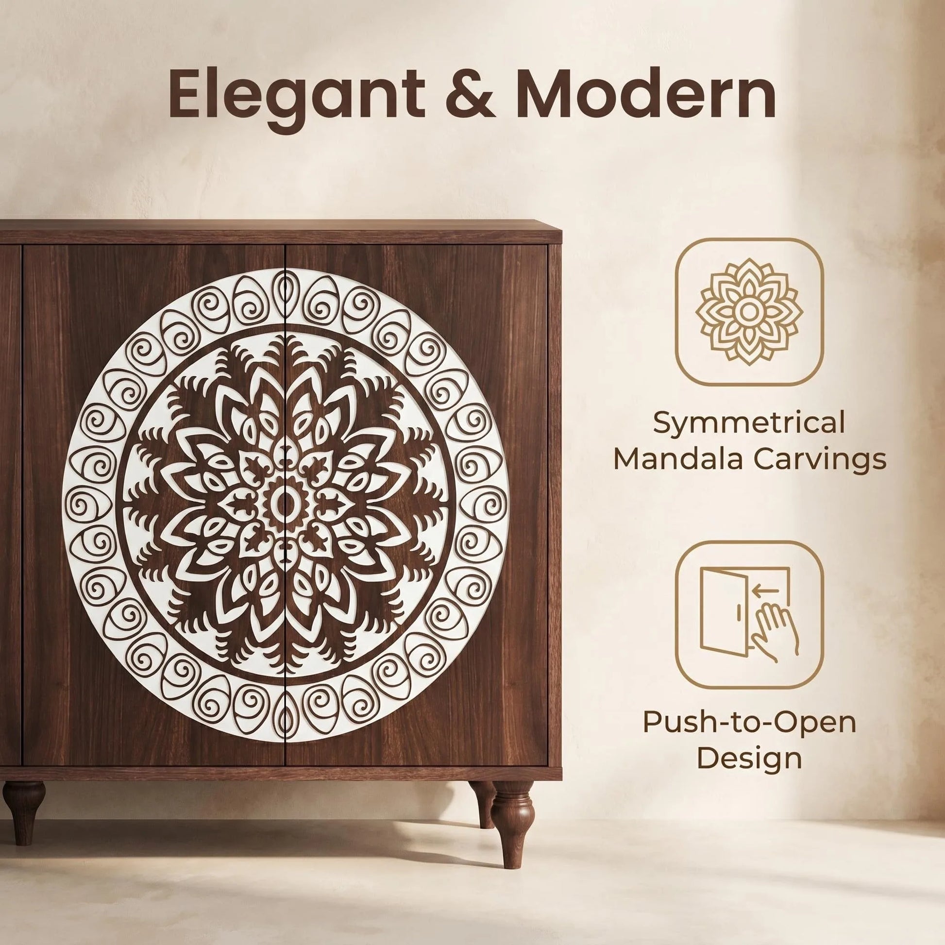 60' Vintage Mandala Carved Walnut Grain Sideboard, 4 Door Boho Buffet Cabinet, Mid-Century Elevated Legs Storage Credenza for Entryway, Dining Room, Living Room detail view 9