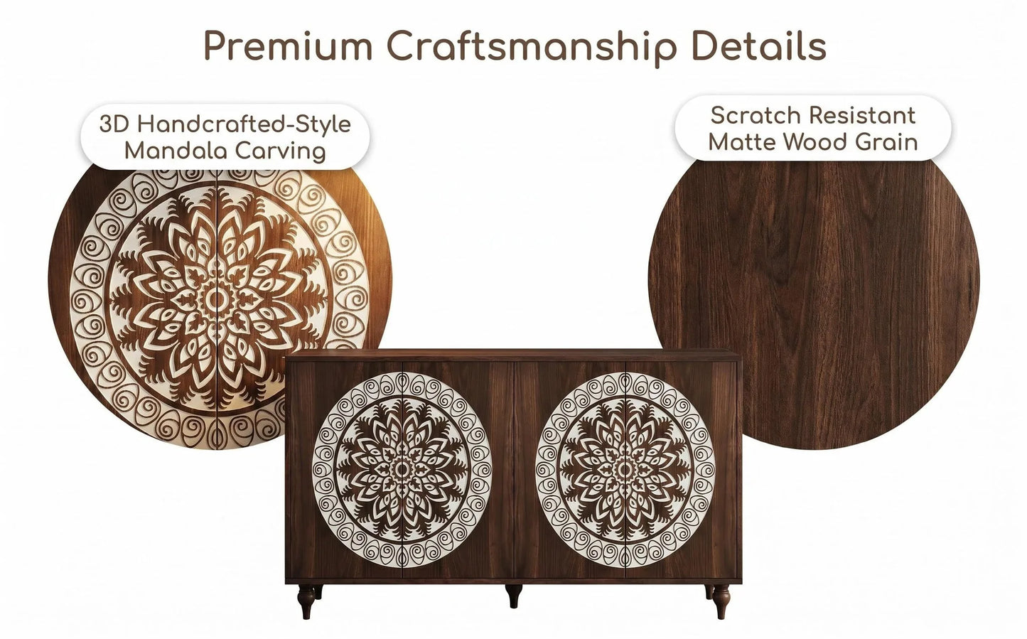 60' Vintage Mandala Carved Walnut Grain Sideboard, 4 Door Boho Buffet Cabinet, Mid-Century Elevated Legs Storage Credenza for Entryway, Dining Room, Living Room detail view 11