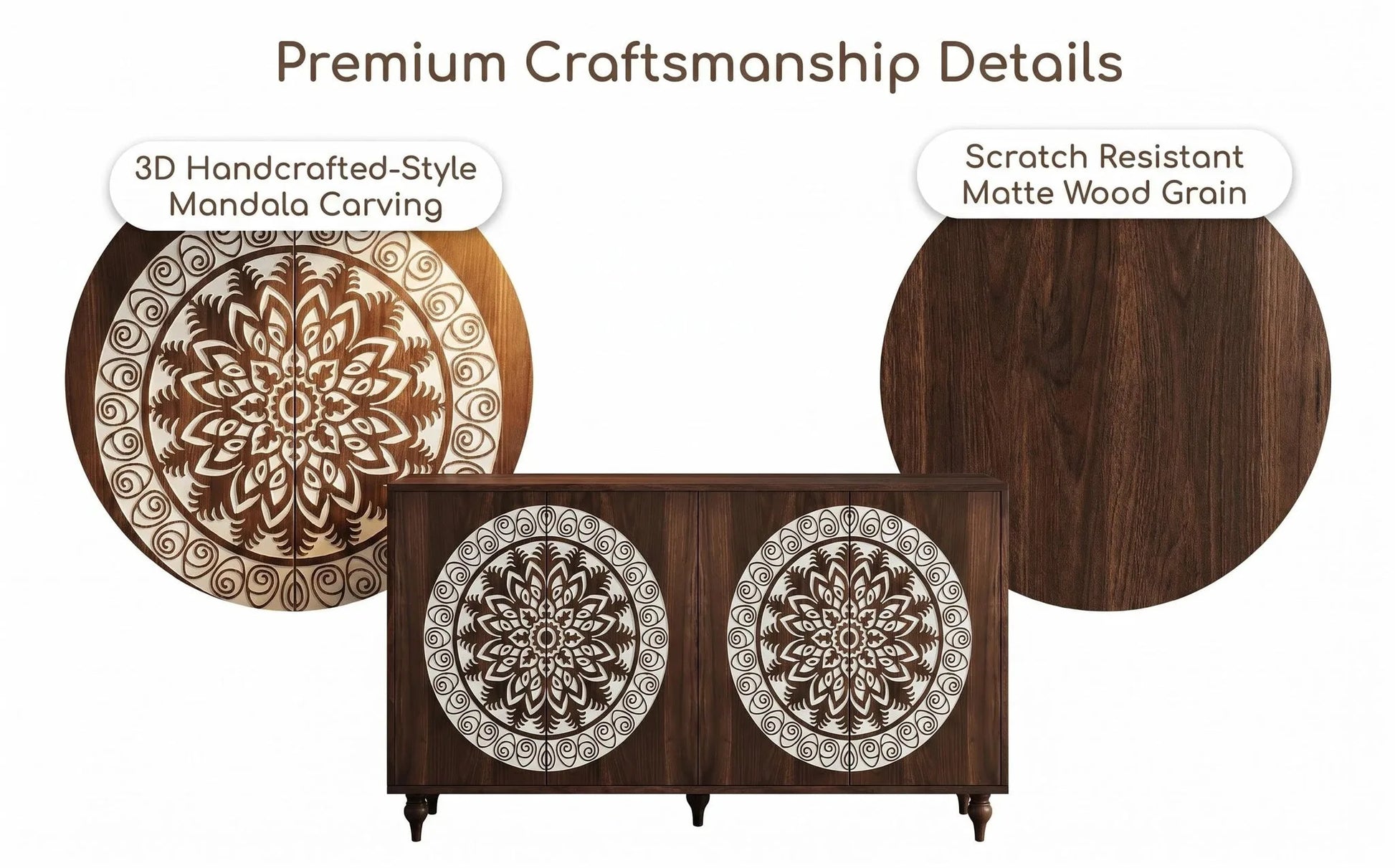 60' Vintage Mandala Carved Walnut Grain Sideboard, 4 Door Boho Buffet Cabinet, Mid-Century Elevated Legs Storage Credenza for Entryway, Dining Room, Living Room detail view 11