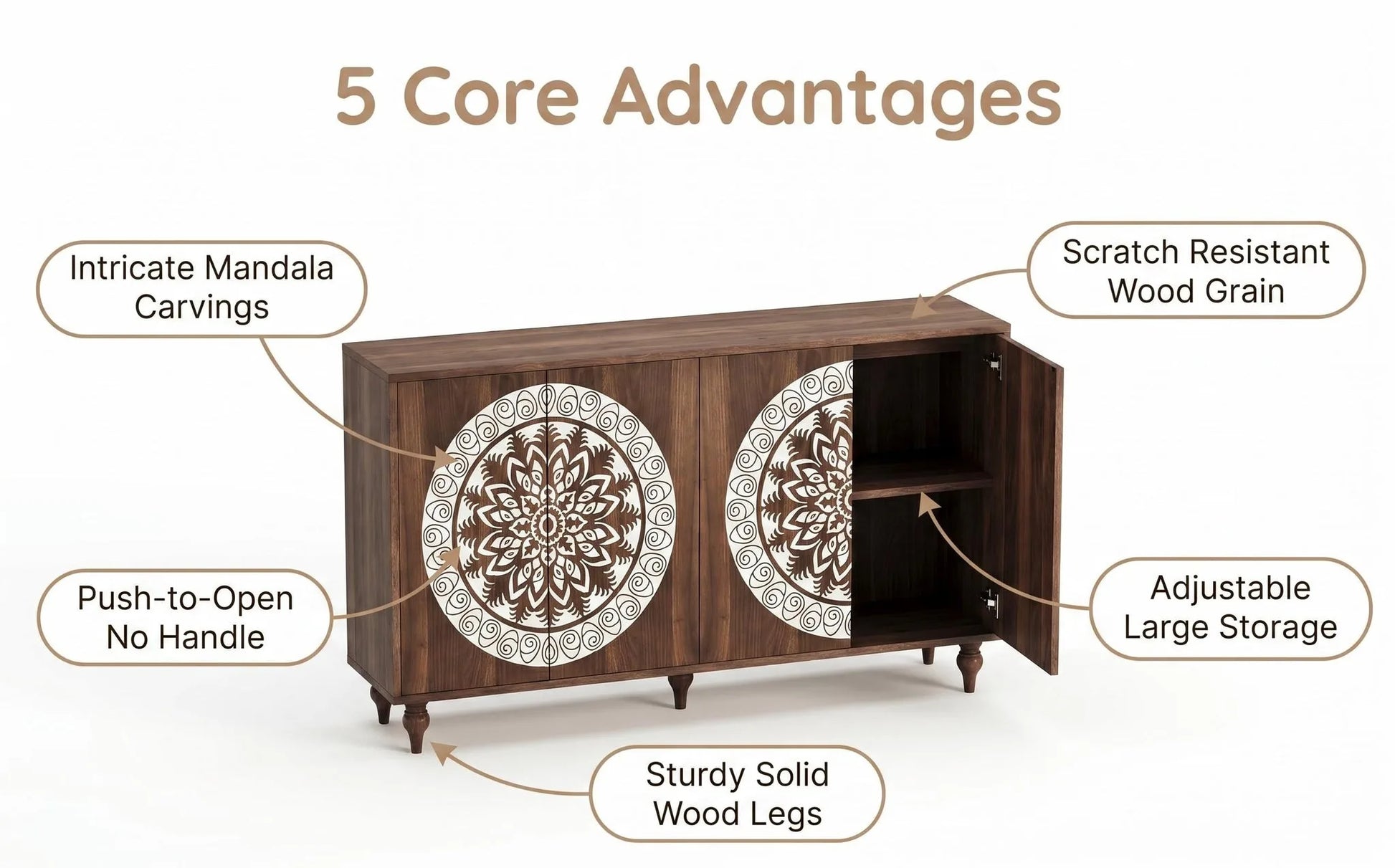 60' Vintage Mandala Carved Walnut Grain Sideboard, 4 Door Boho Buffet Cabinet, Mid-Century Elevated Legs Storage Credenza for Entryway, Dining Room, Living Room detail view 12
