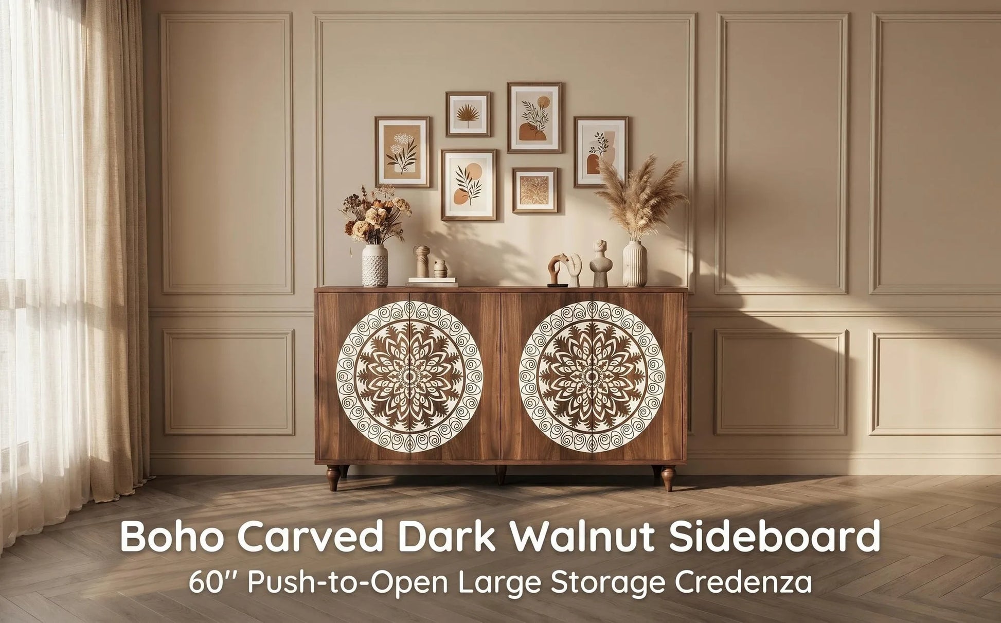 60' Vintage Mandala Carved Walnut Grain Sideboard, 4 Door Boho Buffet Cabinet, Mid-Century Elevated Legs Storage Credenza for Entryway, Dining Room, Living Room detail view 14