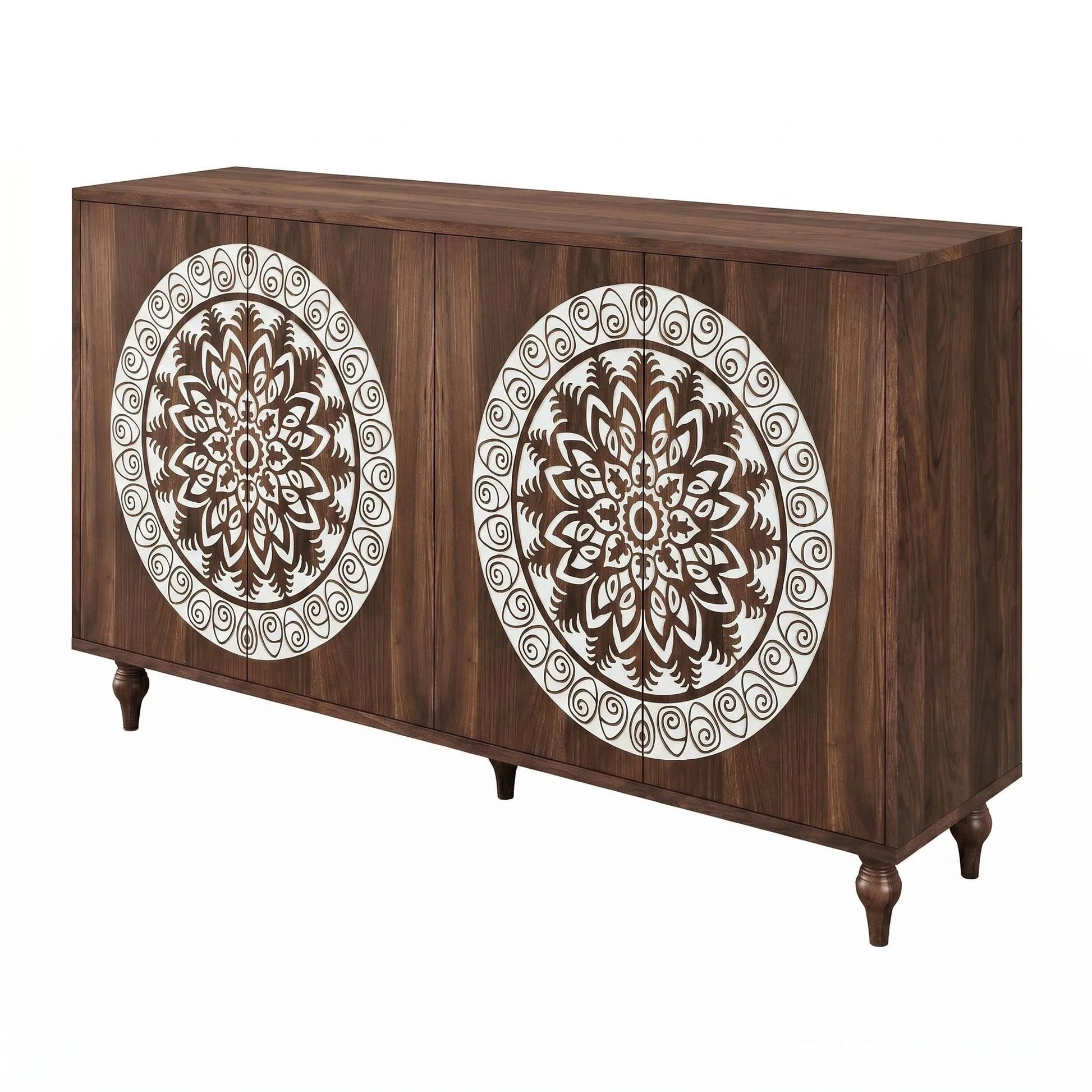 60' Vintage Mandala Carved Walnut Grain Sideboard, 4 Door Boho Buffet Cabinet, Mid-Century Elevated Legs Storage Credenza for Entryway, Dining Room, Living Room detail view 15