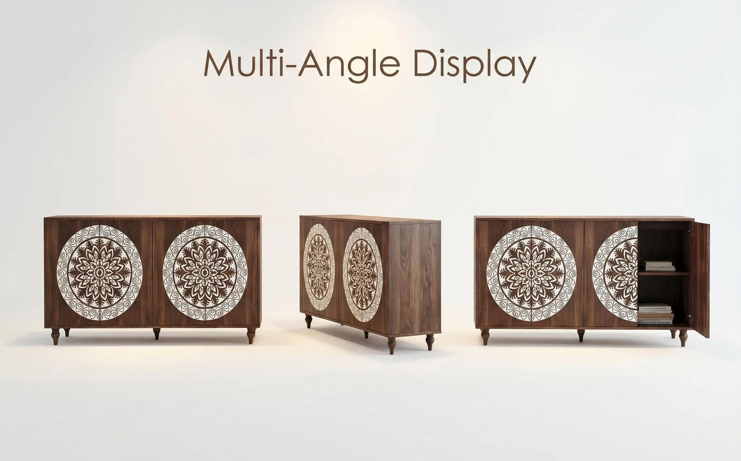 60' Vintage Mandala Carved Walnut Grain Sideboard, 4 Door Boho Buffet Cabinet, Mid-Century Elevated Legs Storage Credenza for Entryway, Dining Room, Living Room detail view 16