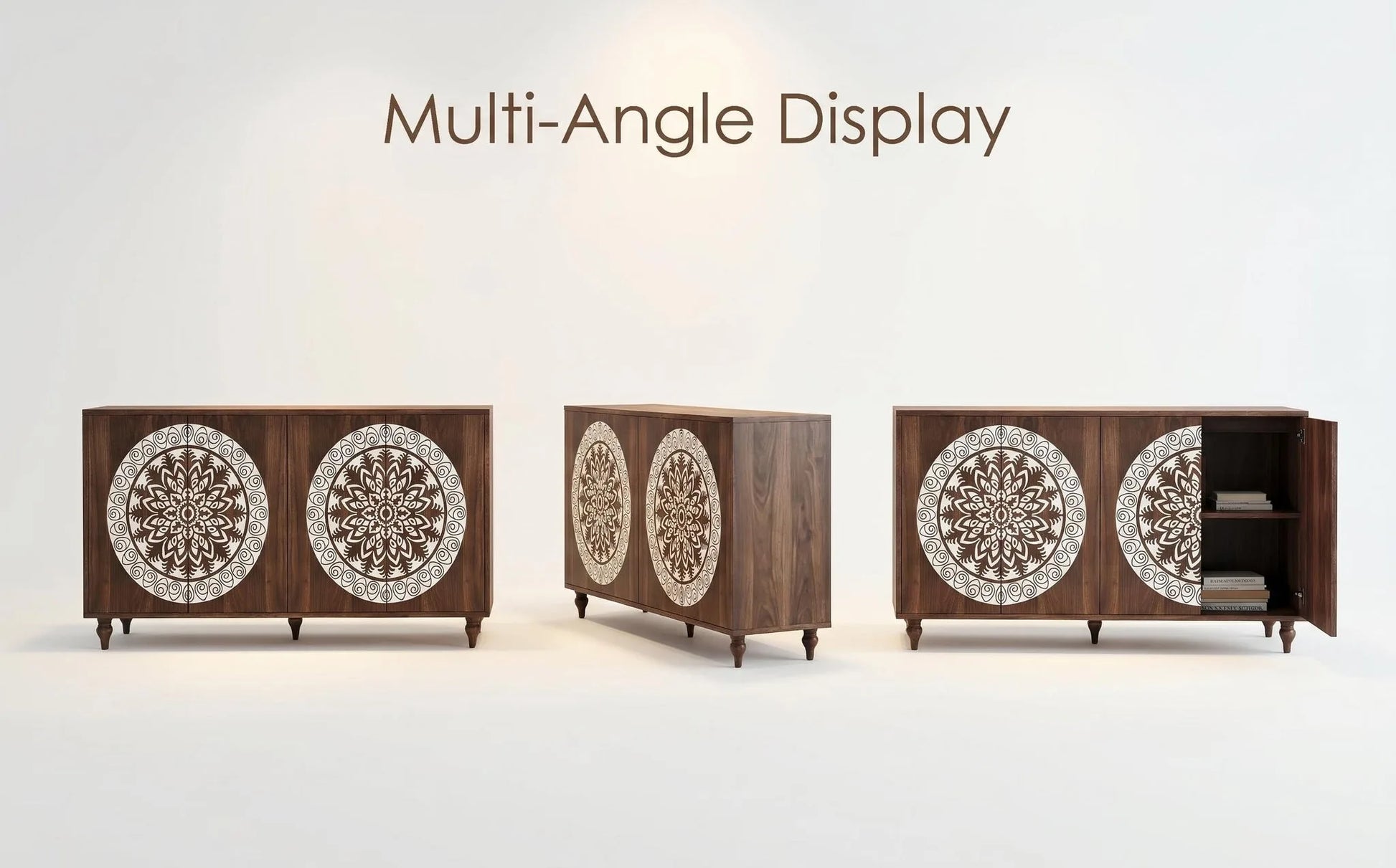 60' Vintage Mandala Carved Walnut Grain Sideboard, 4 Door Boho Buffet Cabinet, Mid-Century Elevated Legs Storage Credenza for Entryway, Dining Room, Living Room detail view 16