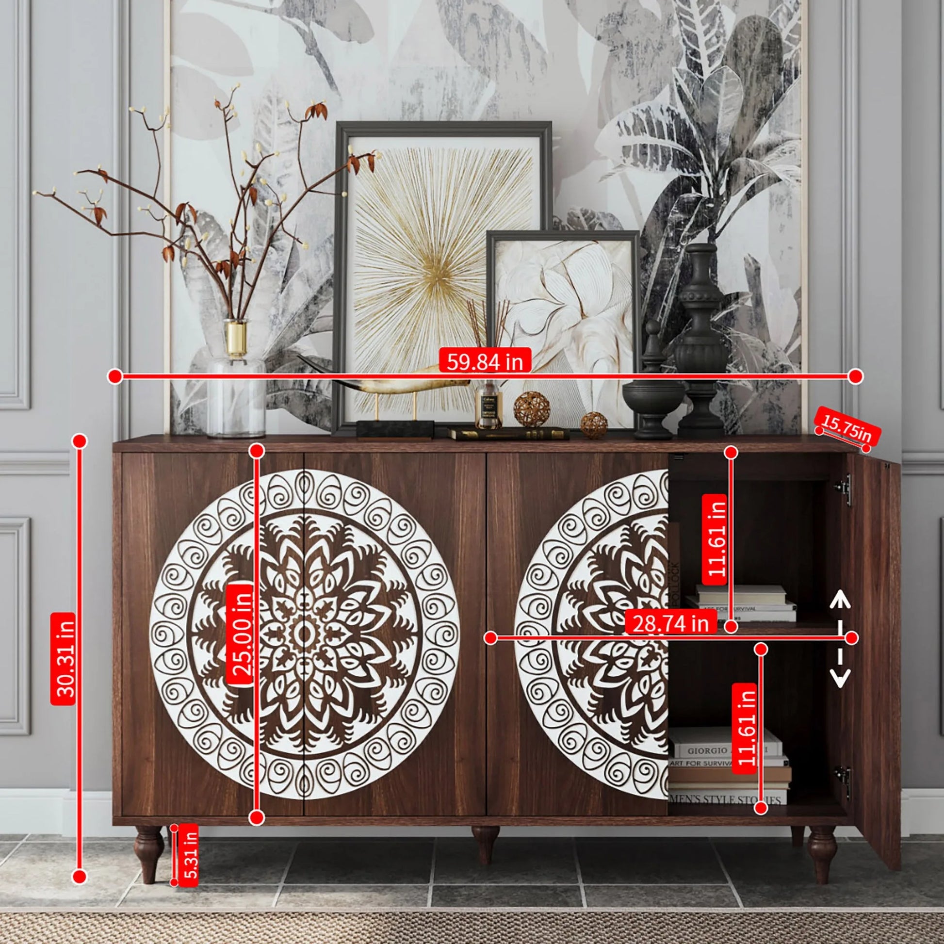 60' Vintage Mandala Carved Walnut Grain Sideboard, 4 Door Boho Buffet Cabinet, Mid-Century Elevated Legs Storage Credenza for Entryway, Dining Room, Living Room detail view 17