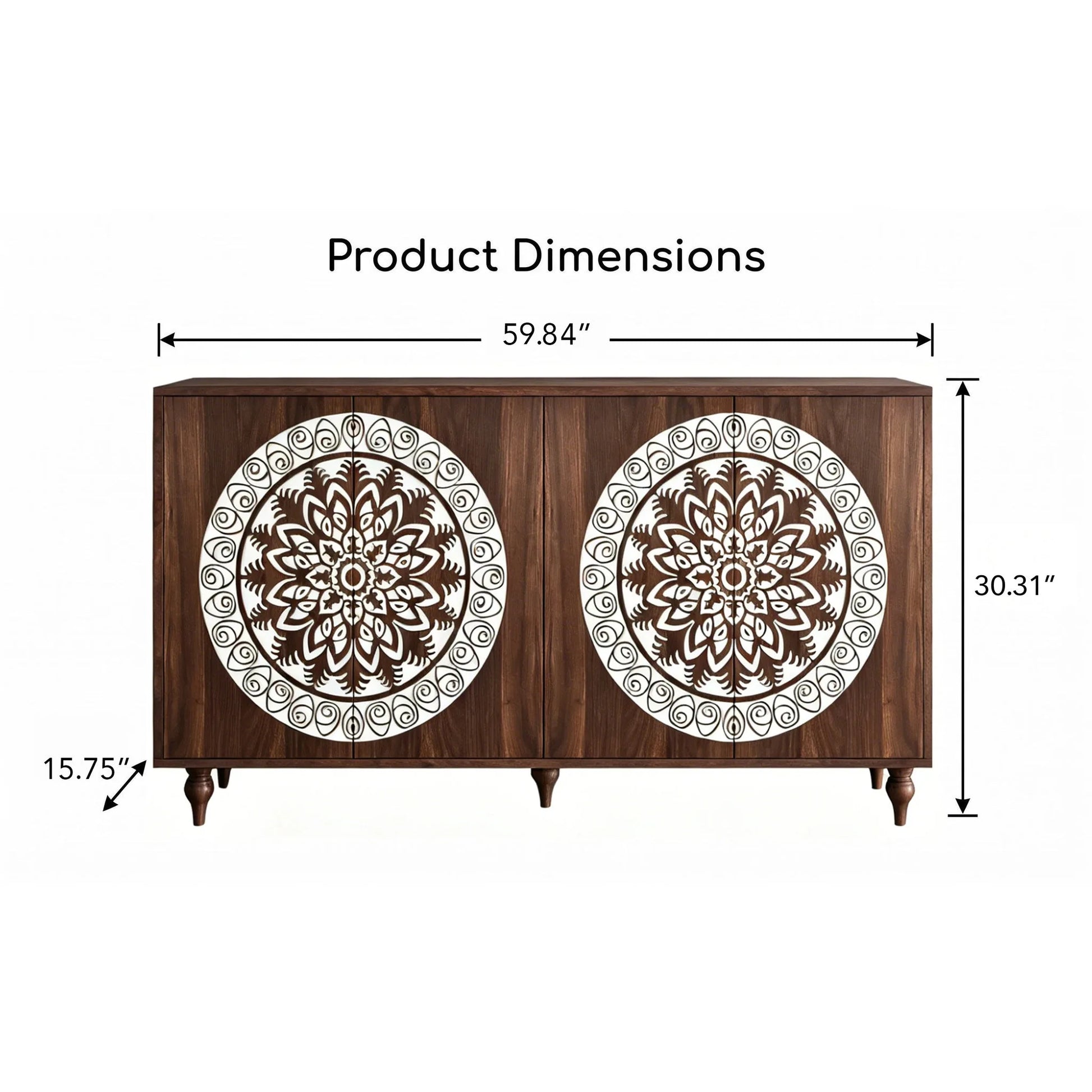 60' Vintage Mandala Carved Walnut Grain Sideboard, 4 Door Boho Buffet Cabinet, Mid-Century Elevated Legs Storage Credenza for Entryway, Dining Room, Living Room detail view 18