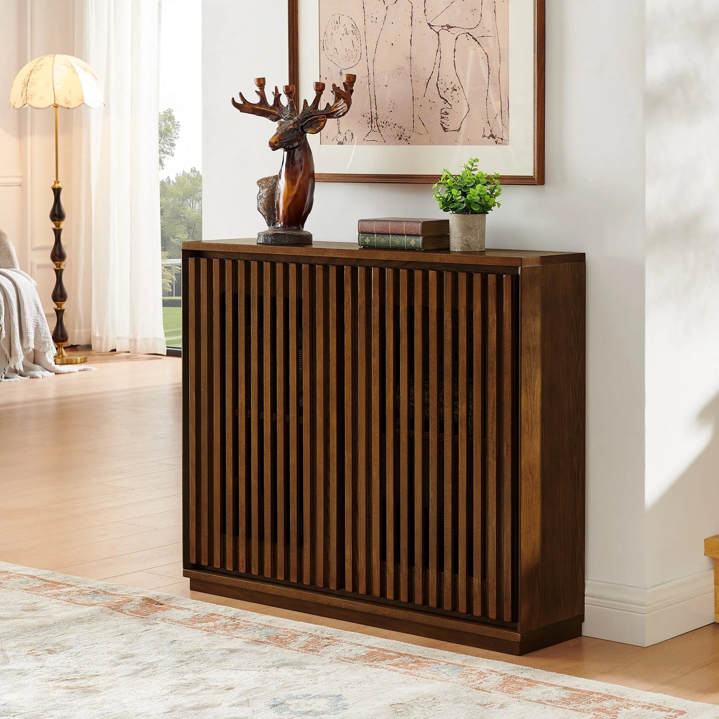Mid Century Modern Fluted Hollowed Out Sideboard Cabinet with 2 Outlet Holes, Buffet Cabinet with Storage, Walnut Storage Cabinet for Living Room, Entryway, Hallway, Dining Room, Kitchen detail view 2
