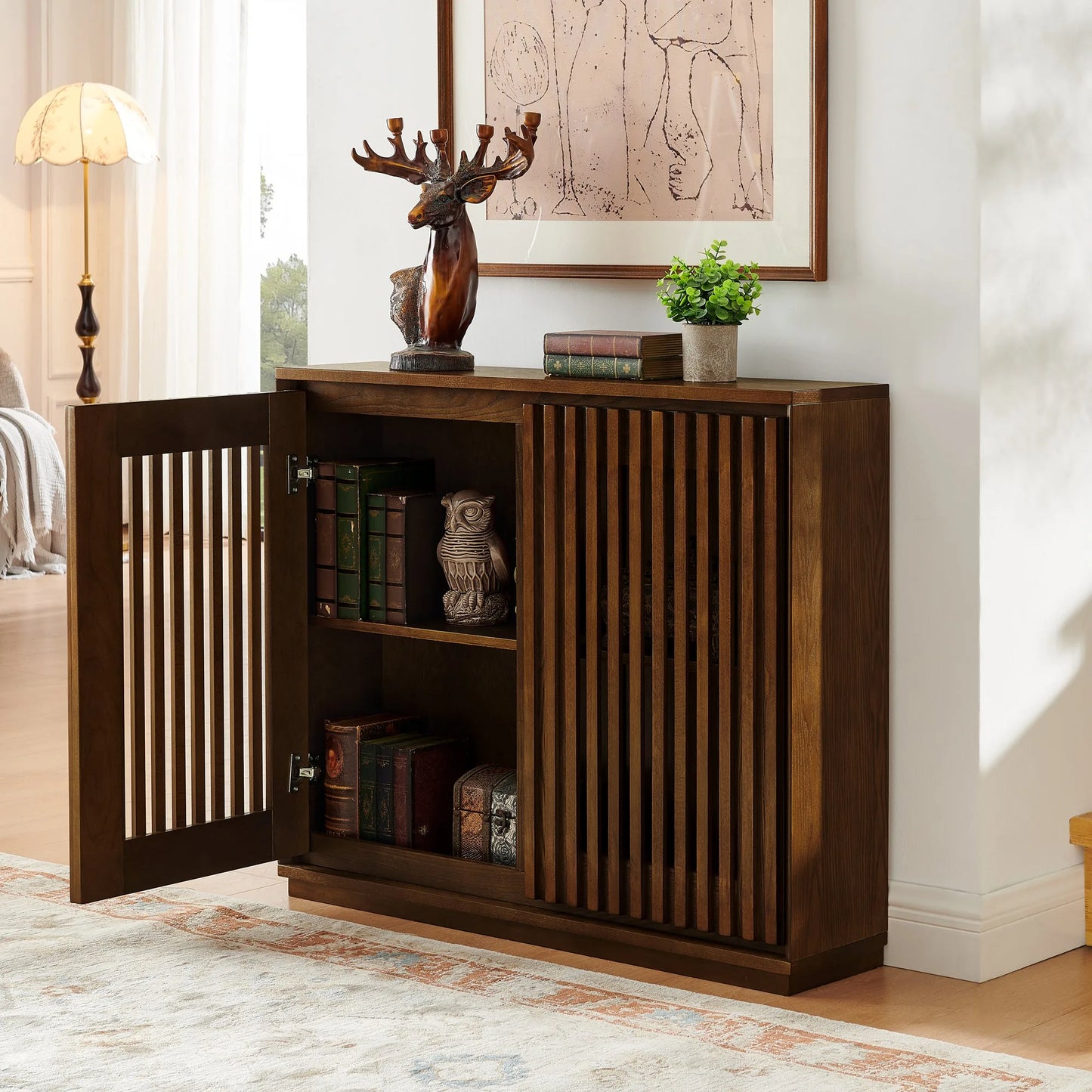 Mid Century Modern Fluted Hollowed Out Sideboard Cabinet with 2 Outlet Holes, Buffet Cabinet with Storage, Walnut Storage Cabinet for Living Room, Entryway, Hallway, Dining Room, Kitchen detail view 3