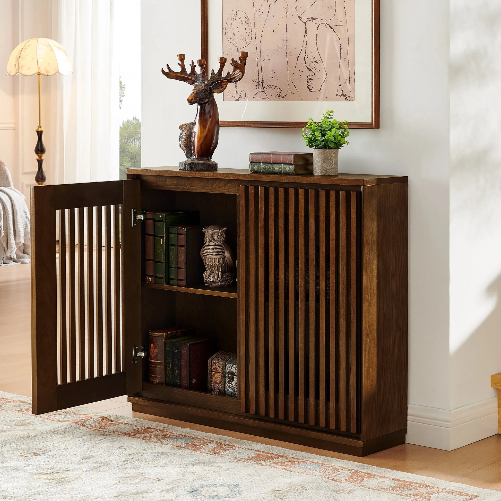 Mid Century Modern Fluted Hollowed Out Sideboard Cabinet with 2 Outlet Holes, Buffet Cabinet with Storage, Walnut Storage Cabinet for Living Room, Entryway, Hallway, Dining Room, Kitchen detail view 3