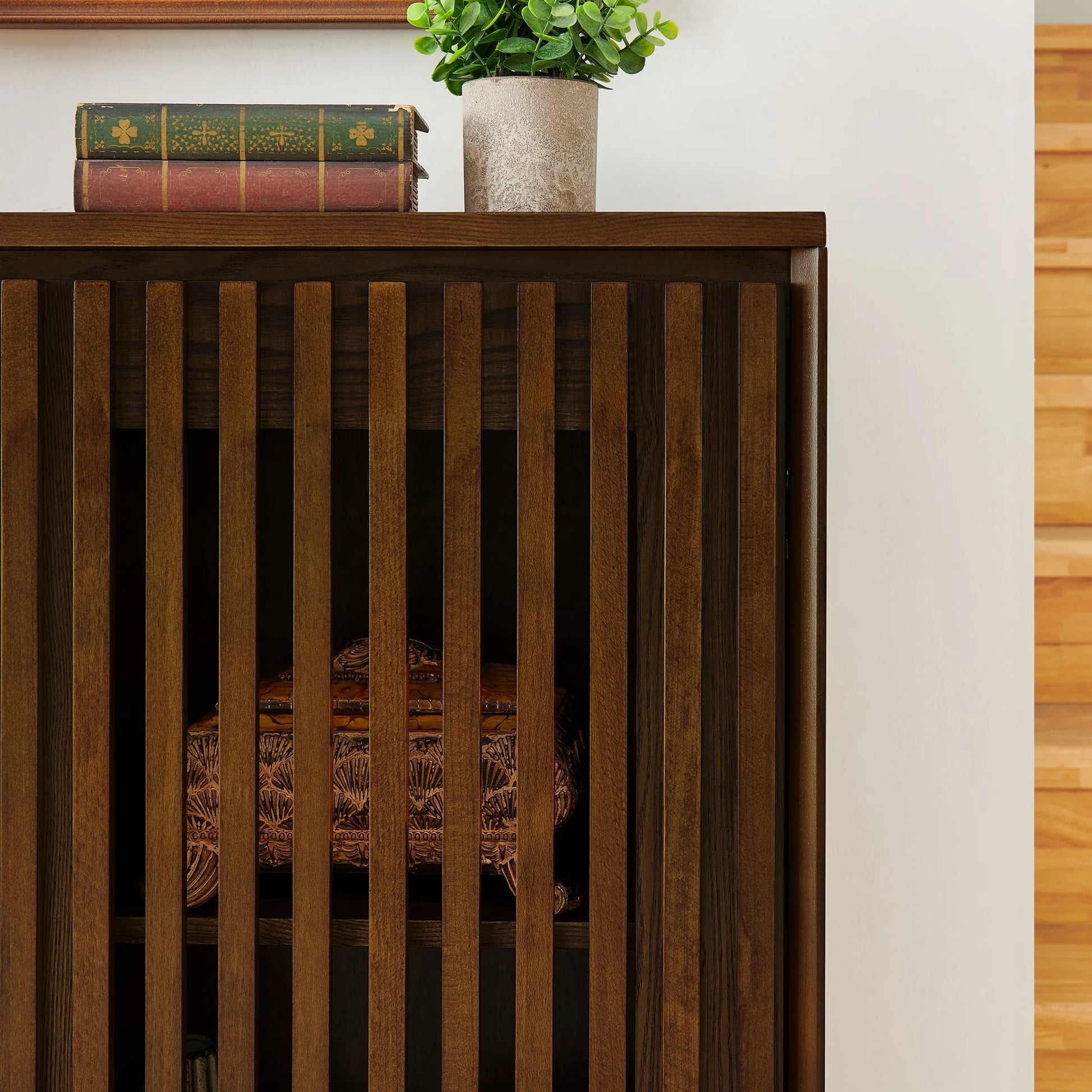 Mid Century Modern Fluted Hollowed Out Sideboard Cabinet with 2 Outlet Holes, Buffet Cabinet with Storage, Walnut Storage Cabinet for Living Room, Entryway, Hallway, Dining Room, Kitchen detail view 4