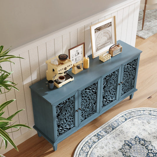 60' Antique Buffet Cabinet with Floral Carvings with Solid Wood Legs&Antique Brass Handles&Adjustable Shelves, TV Stand for 65''+ TV, Sideboard for Living Room, Dining Room (Antique Blue) lifestyle view