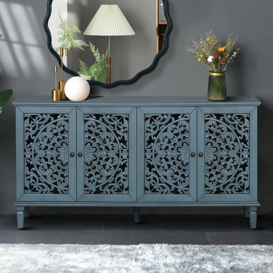 60' Antique Buffet Cabinet with Floral Carvings with Solid Wood Legs&Antique Brass Handles&Adjustable Shelves, TV Stand for 65''+ TV, Sideboard for Living Room, Dining Room (Antique Blue) detail view 2