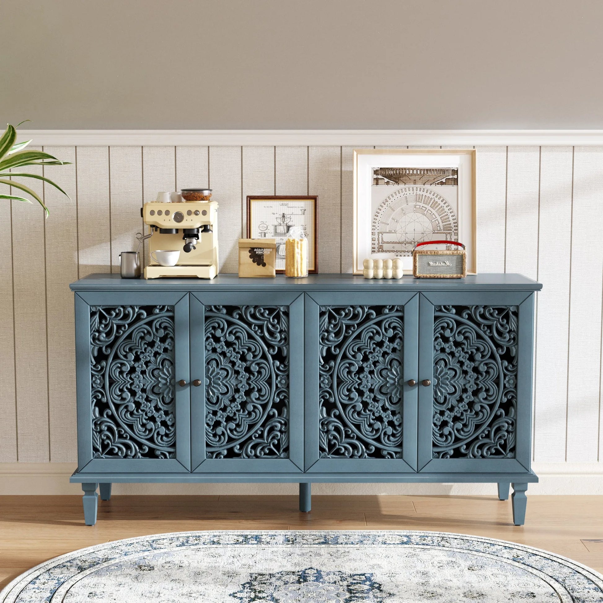 60' Antique Buffet Cabinet with Floral Carvings with Solid Wood Legs&Antique Brass Handles&Adjustable Shelves, TV Stand for 65''+ TV, Sideboard for Living Room, Dining Room (Antique Blue) detail view 3