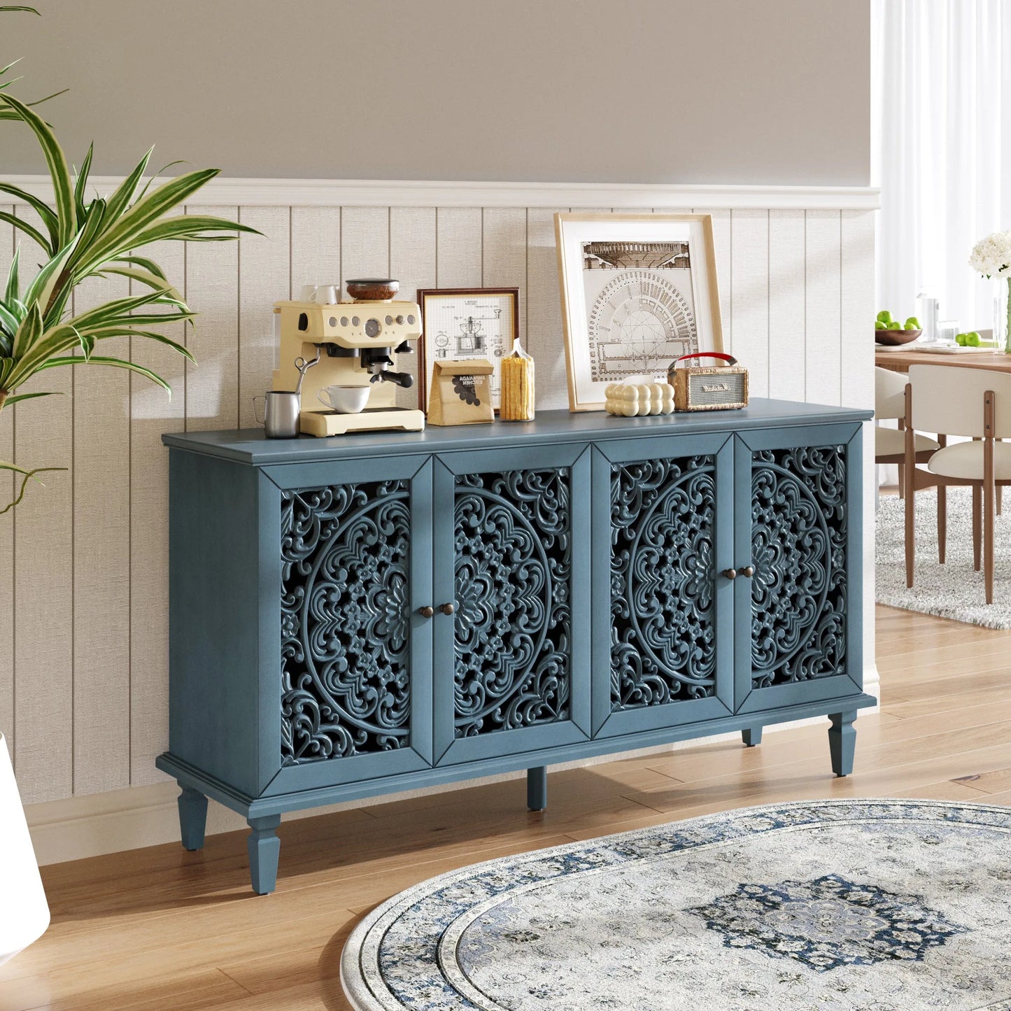 60' Antique Buffet Cabinet with Floral Carvings with Solid Wood Legs&Antique Brass Handles&Adjustable Shelves, TV Stand for 65''+ TV, Sideboard for Living Room, Dining Room (Antique Blue) detail view 4