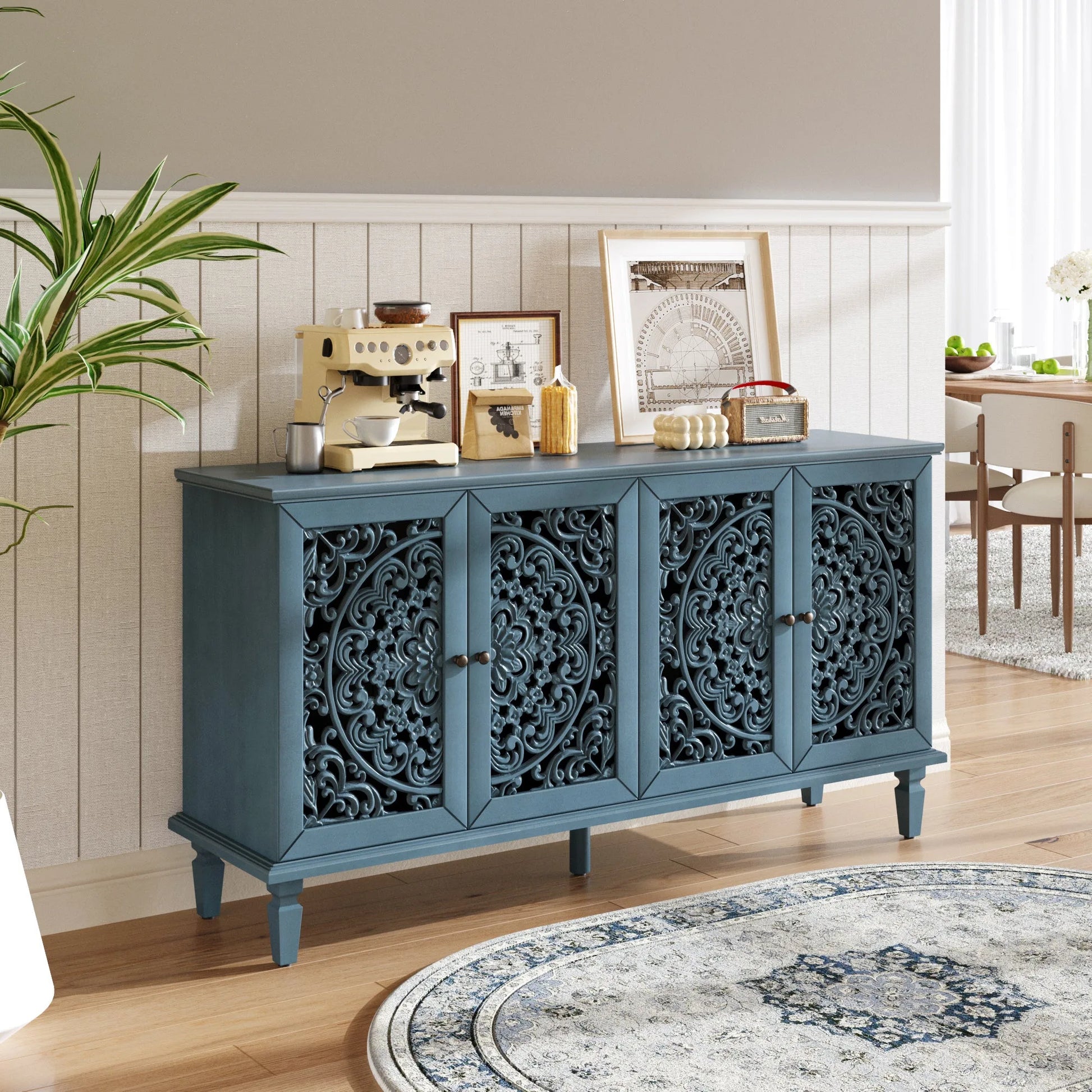60' Antique Buffet Cabinet with Floral Carvings with Solid Wood Legs&Antique Brass Handles&Adjustable Shelves, TV Stand for 65''+ TV, Sideboard for Living Room, Dining Room (Antique Blue) detail view 4