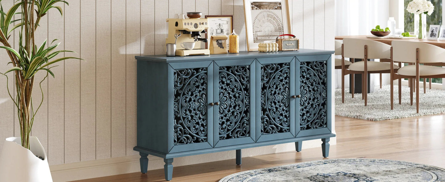 60' Antique Buffet Cabinet with Floral Carvings with Solid Wood Legs&Antique Brass Handles&Adjustable Shelves, TV Stand for 65''+ TV, Sideboard for Living Room, Dining Room (Antique Blue) detail view 5