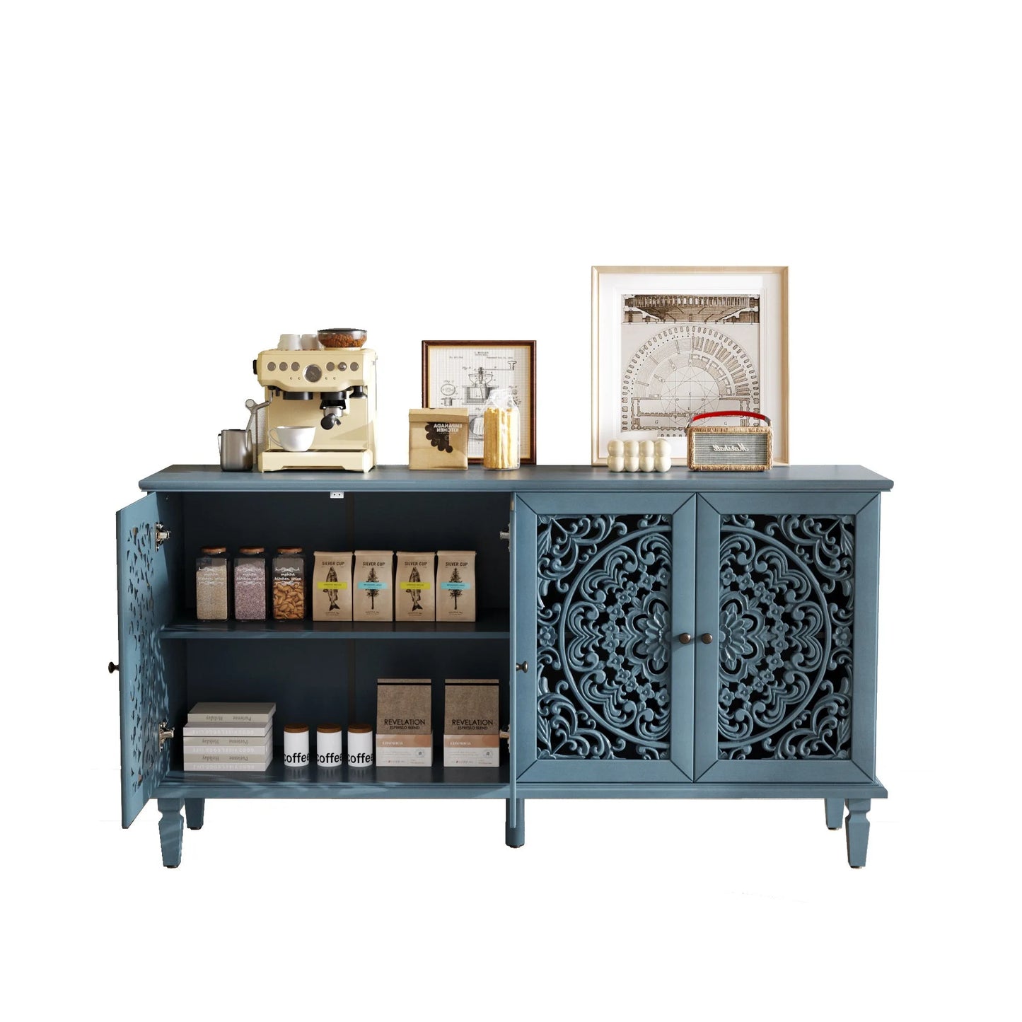 60' Antique Buffet Cabinet with Floral Carvings with Solid Wood Legs&Antique Brass Handles&Adjustable Shelves, TV Stand for 65''+ TV, Sideboard for Living Room, Dining Room (Antique Blue) detail view 6