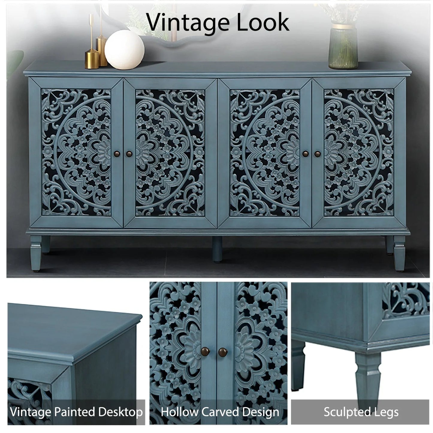60' Antique Buffet Cabinet with Floral Carvings with Solid Wood Legs&Antique Brass Handles&Adjustable Shelves, TV Stand for 65''+ TV, Sideboard for Living Room, Dining Room (Antique Blue) detail view 7