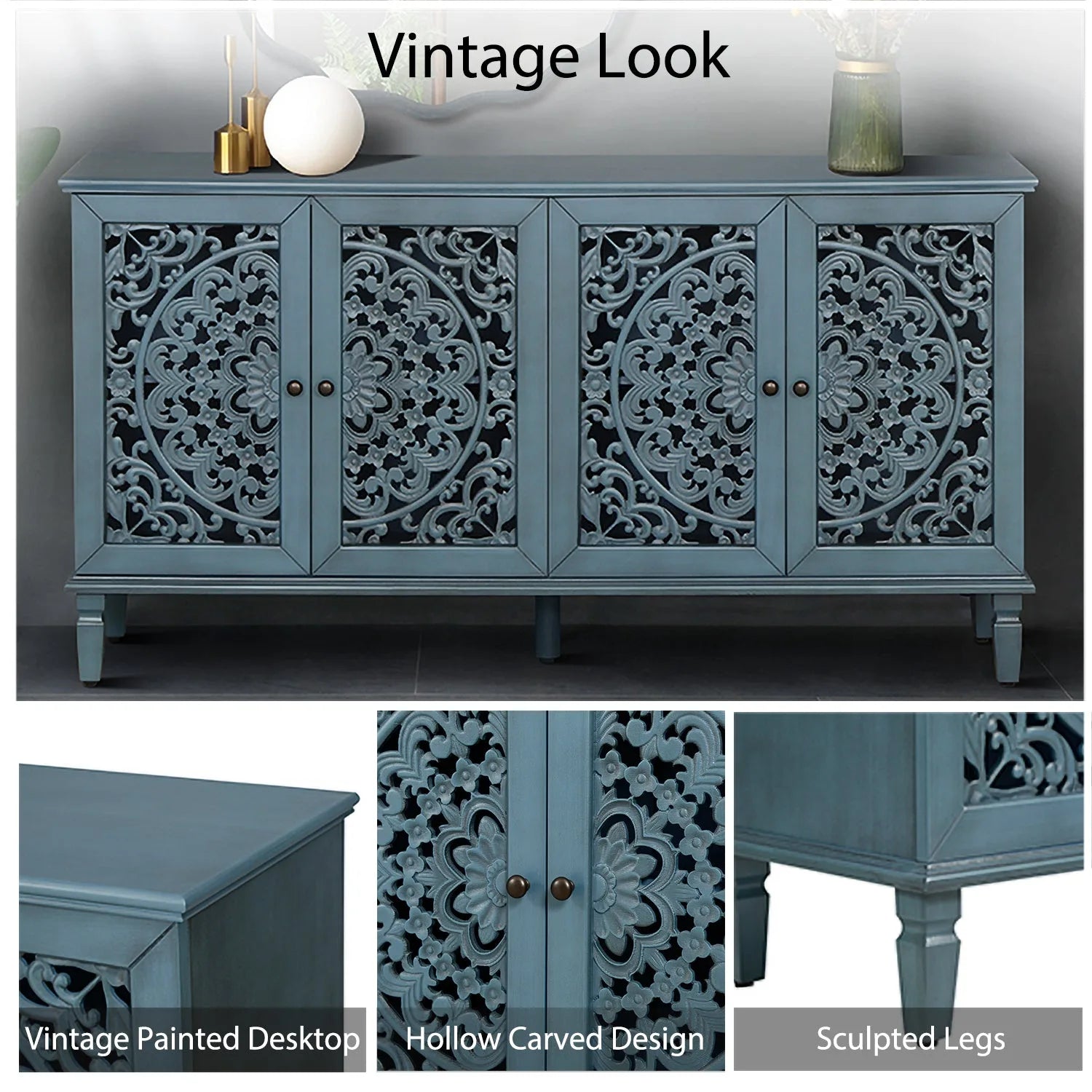 60' Antique Buffet Cabinet with Floral Carvings with Solid Wood Legs&Antique Brass Handles&Adjustable Shelves, TV Stand for 65''+ TV, Sideboard for Living Room, Dining Room (Antique Blue) detail view 7