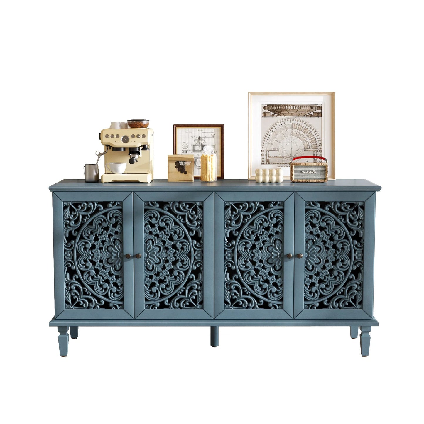 60' Antique Buffet Cabinet with Floral Carvings with Solid Wood Legs&Antique Brass Handles&Adjustable Shelves, TV Stand for 65''+ TV, Sideboard for Living Room, Dining Room (Antique Blue) detail view 11