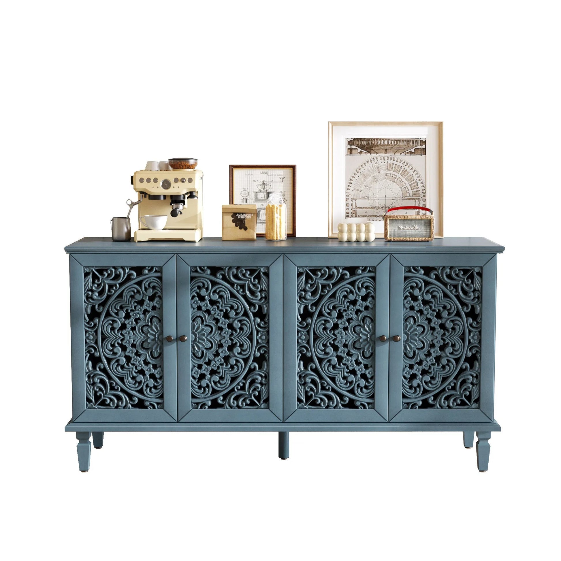 60' Antique Buffet Cabinet with Floral Carvings with Solid Wood Legs&Antique Brass Handles&Adjustable Shelves, TV Stand for 65''+ TV, Sideboard for Living Room, Dining Room (Antique Blue) detail view 11