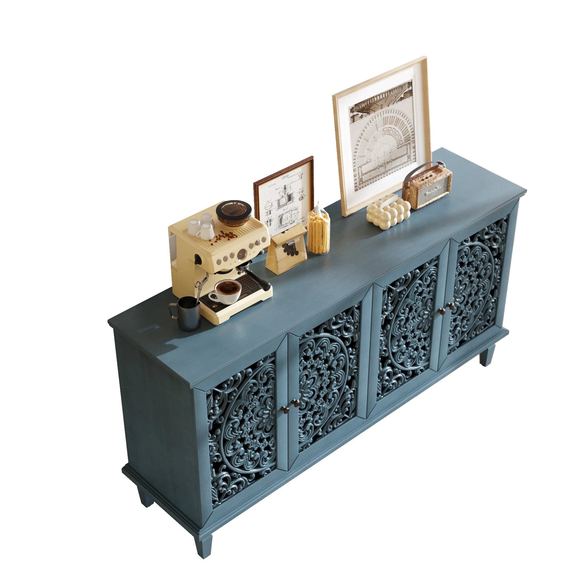 60' Antique Buffet Cabinet with Floral Carvings with Solid Wood Legs&Antique Brass Handles&Adjustable Shelves, TV Stand for 65''+ TV, Sideboard for Living Room, Dining Room (Antique Blue) detail view 12