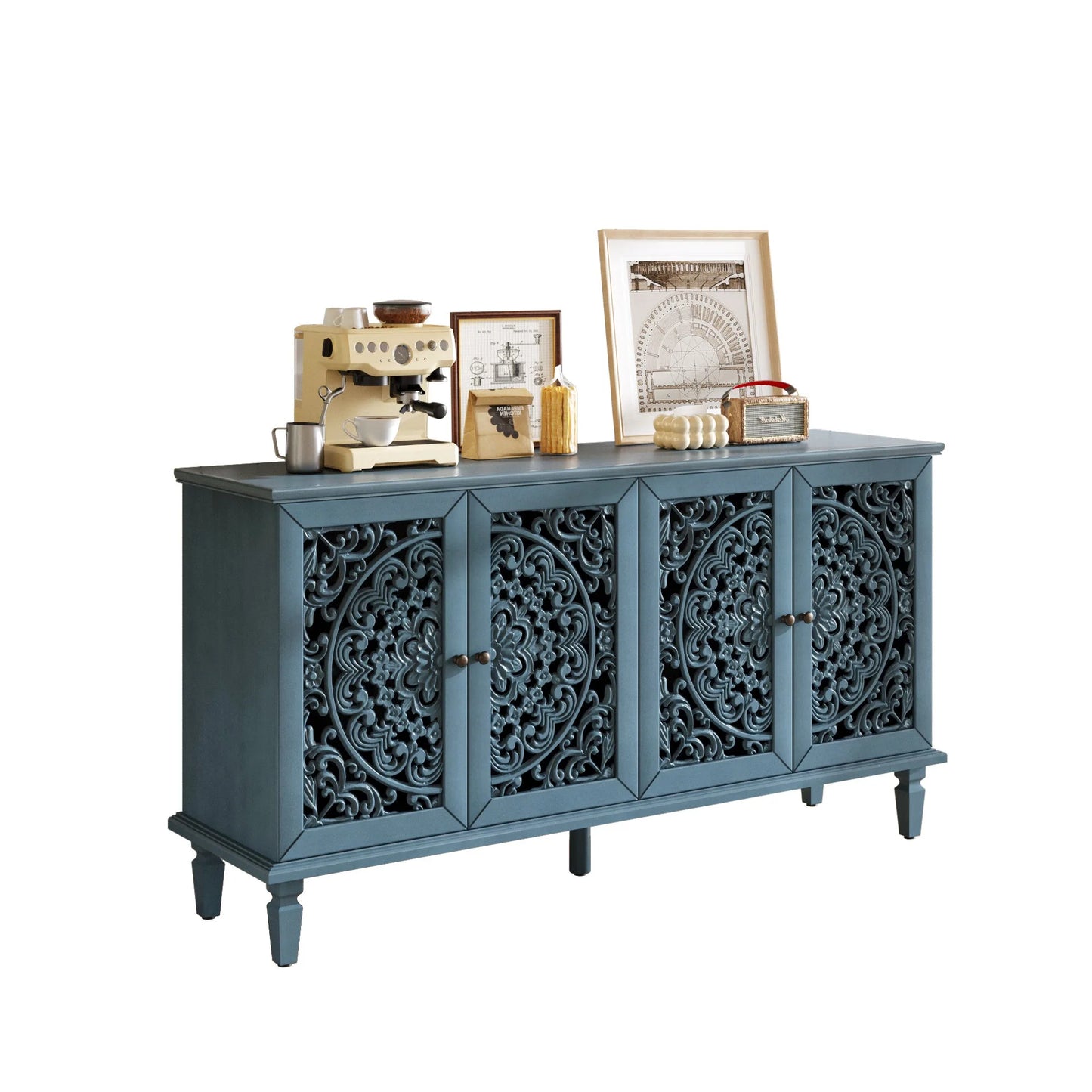 60' Antique Buffet Cabinet with Floral Carvings with Solid Wood Legs&Antique Brass Handles&Adjustable Shelves, TV Stand for 65''+ TV, Sideboard for Living Room, Dining Room (Antique Blue) detail view 13