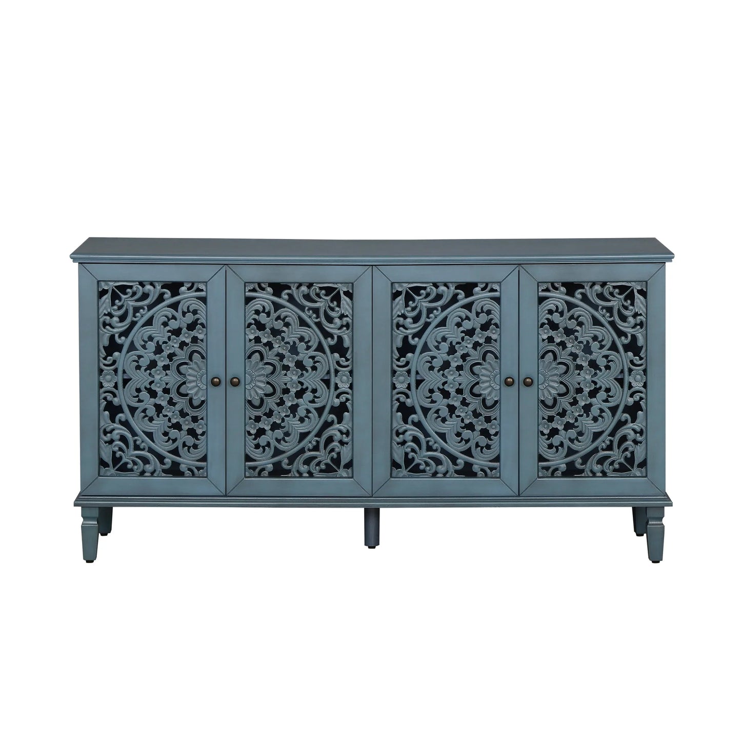 60' Antique Buffet Cabinet with Floral Carvings with Solid Wood Legs&Antique Brass Handles&Adjustable Shelves, TV Stand for 65''+ TV, Sideboard for Living Room, Dining Room (Antique Blue) detail view 14