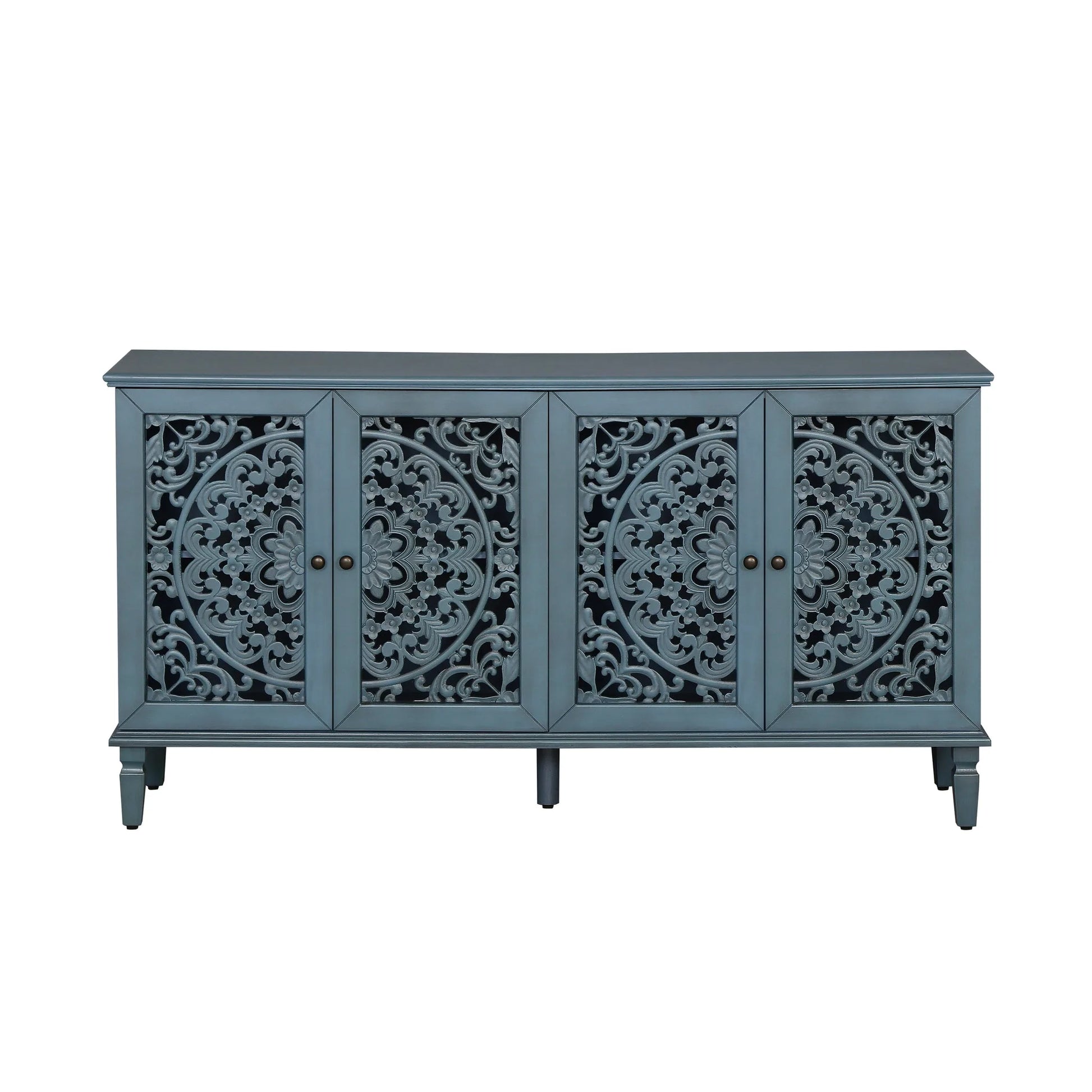 60' Antique Buffet Cabinet with Floral Carvings with Solid Wood Legs&Antique Brass Handles&Adjustable Shelves, TV Stand for 65''+ TV, Sideboard for Living Room, Dining Room (Antique Blue) detail view 14