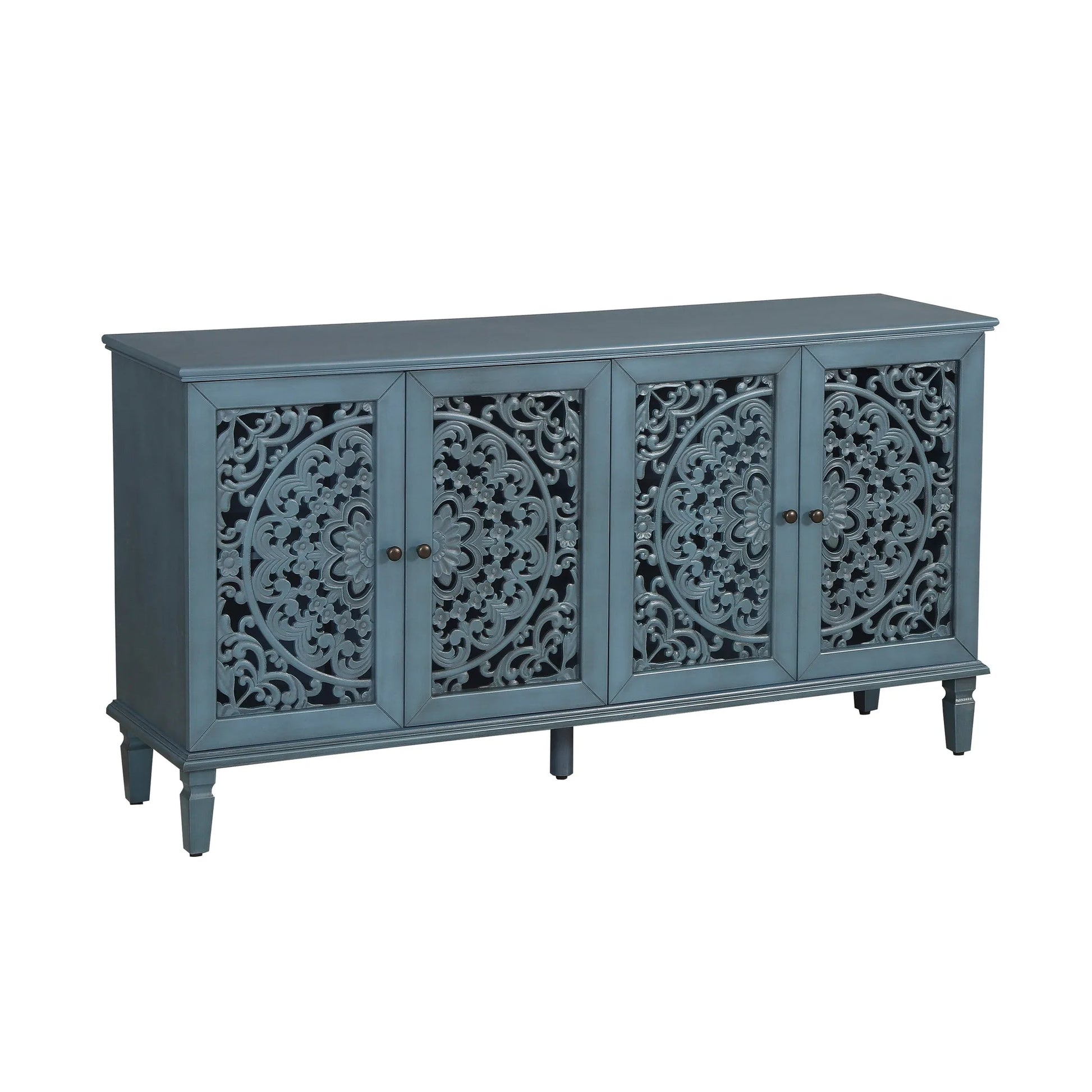 60' Antique Buffet Cabinet with Floral Carvings with Solid Wood Legs&Antique Brass Handles&Adjustable Shelves, TV Stand for 65''+ TV, Sideboard for Living Room, Dining Room (Antique Blue) detail view 15