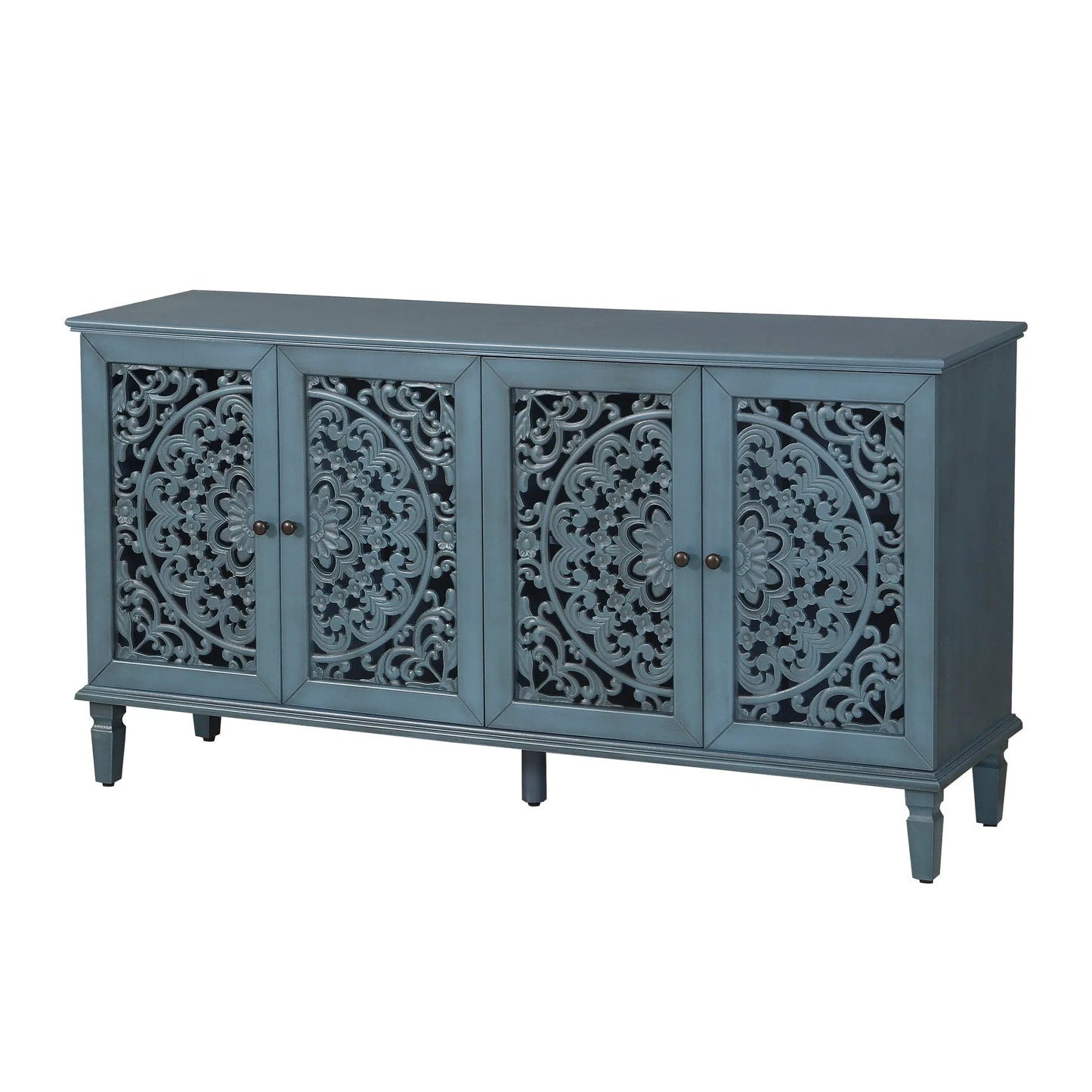 60' Antique Buffet Cabinet with Floral Carvings with Solid Wood Legs&Antique Brass Handles&Adjustable Shelves, TV Stand for 65''+ TV, Sideboard for Living Room, Dining Room (Antique Blue) detail view 16