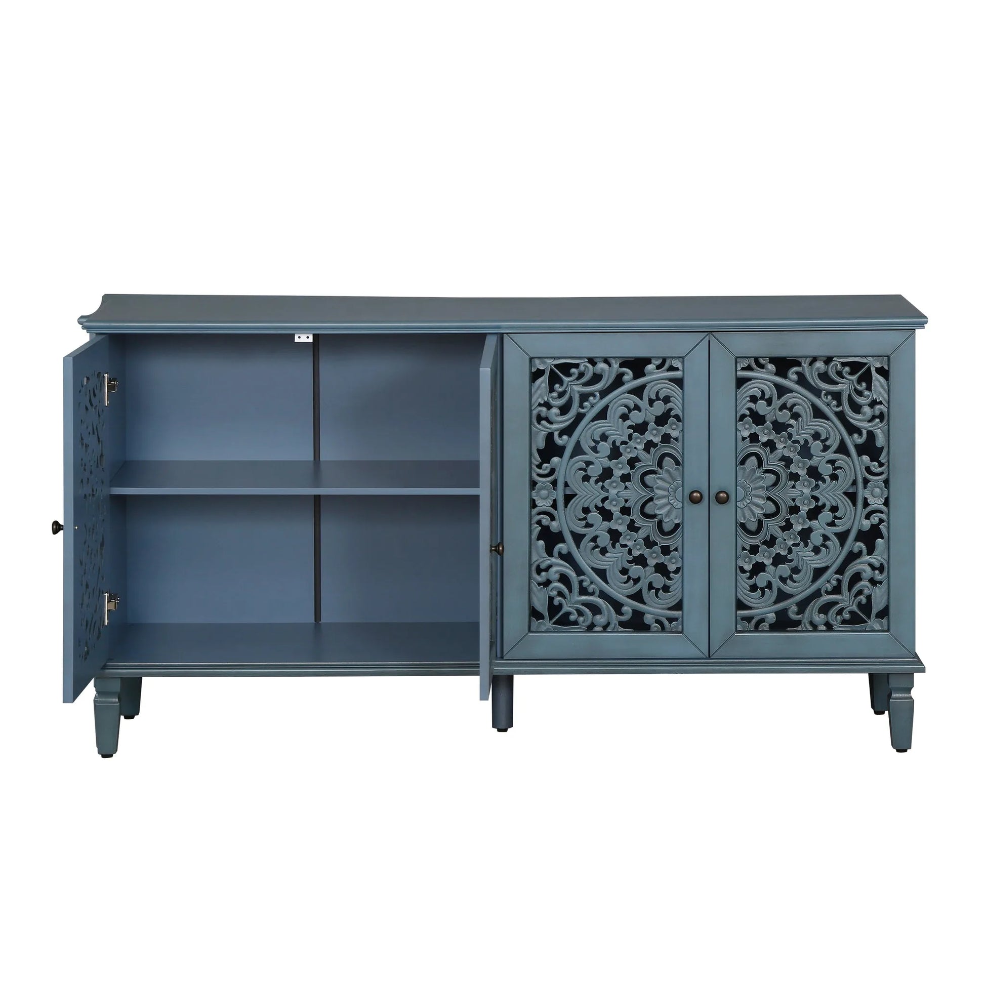 60' Antique Buffet Cabinet with Floral Carvings with Solid Wood Legs&Antique Brass Handles&Adjustable Shelves, TV Stand for 65''+ TV, Sideboard for Living Room, Dining Room (Antique Blue) detail view 17
