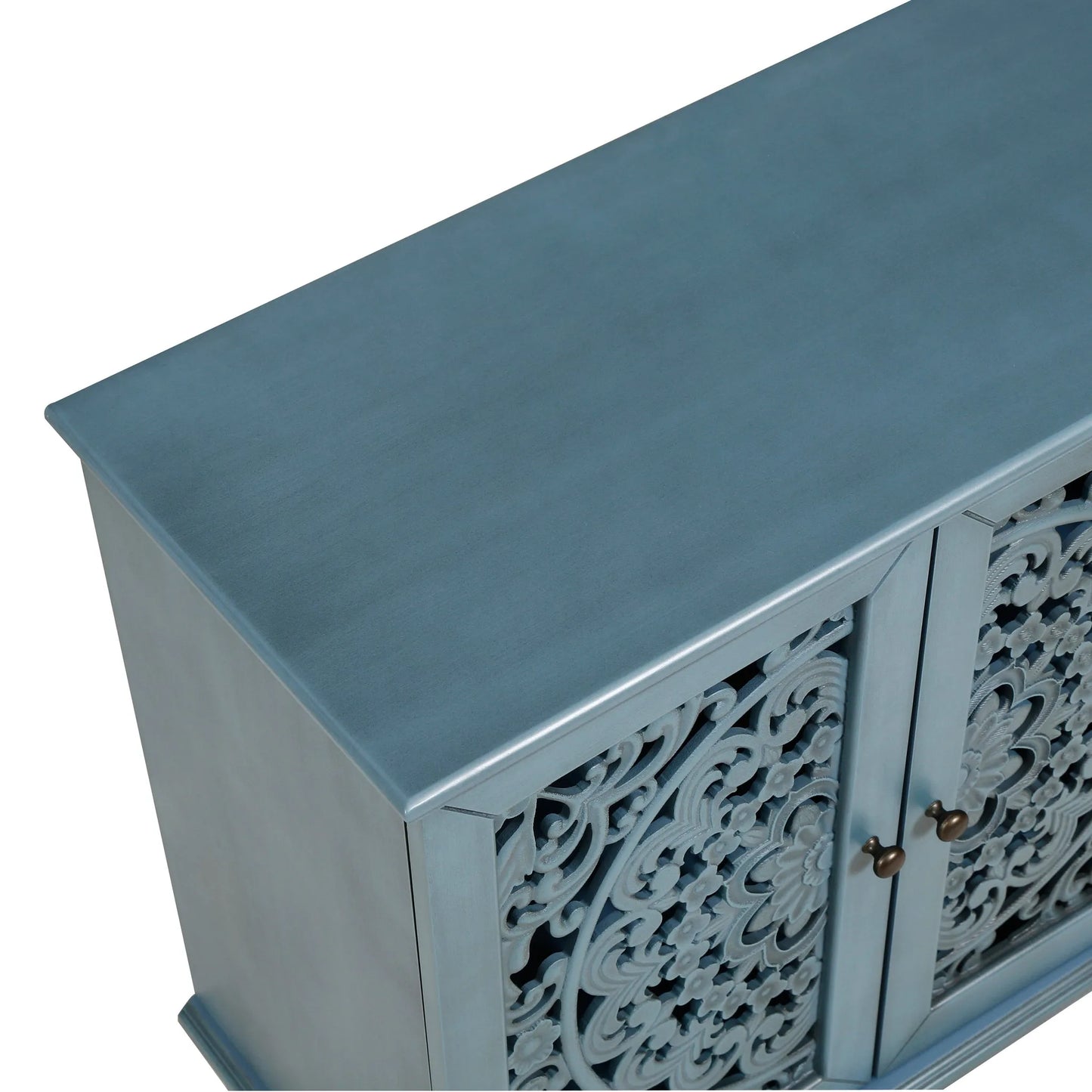 60' Antique Buffet Cabinet with Floral Carvings with Solid Wood Legs&Antique Brass Handles&Adjustable Shelves, TV Stand for 65''+ TV, Sideboard for Living Room, Dining Room (Antique Blue) detail view 20