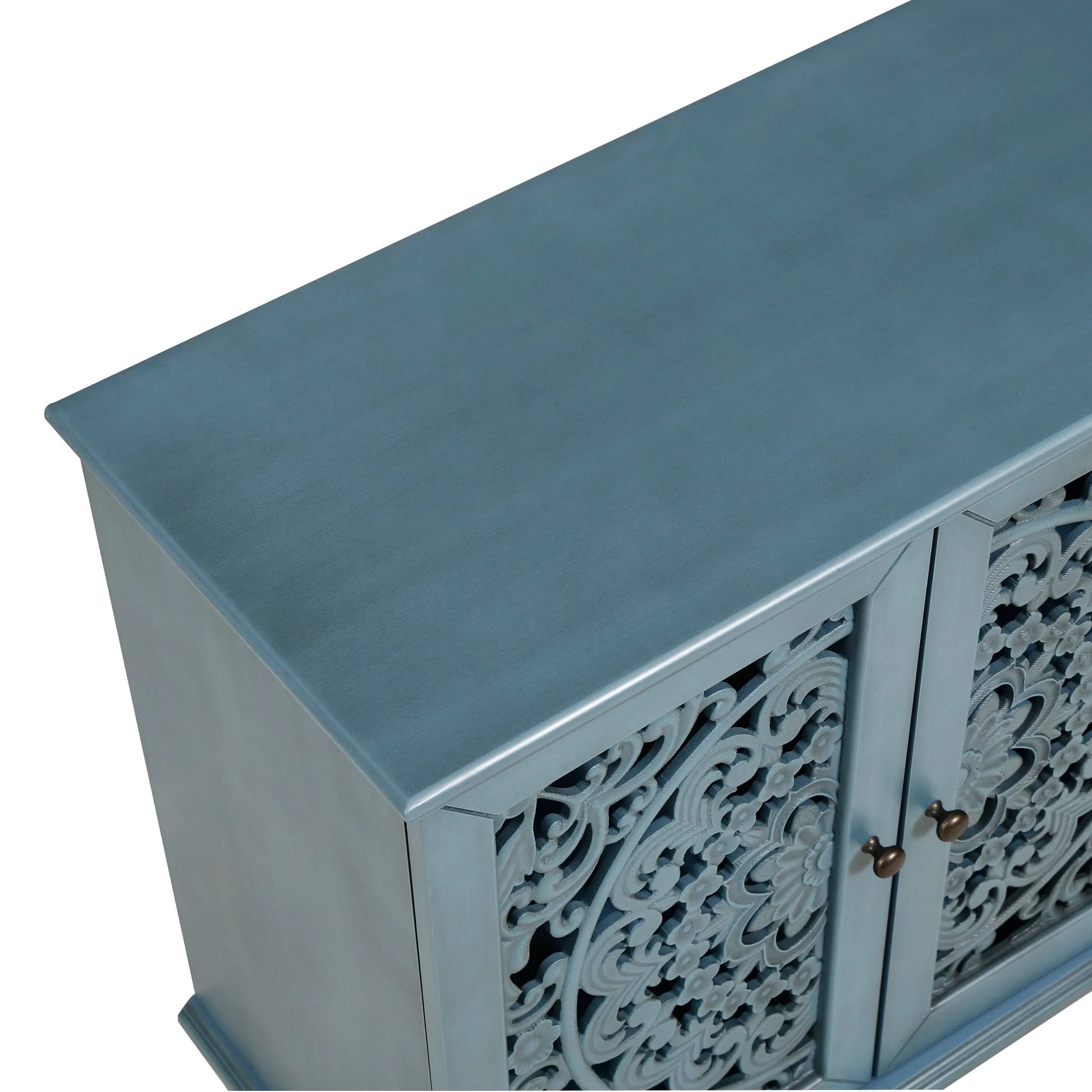 60' Antique Buffet Cabinet with Floral Carvings with Solid Wood Legs&Antique Brass Handles&Adjustable Shelves, TV Stand for 65''+ TV, Sideboard for Living Room, Dining Room (Antique Blue) detail view 20