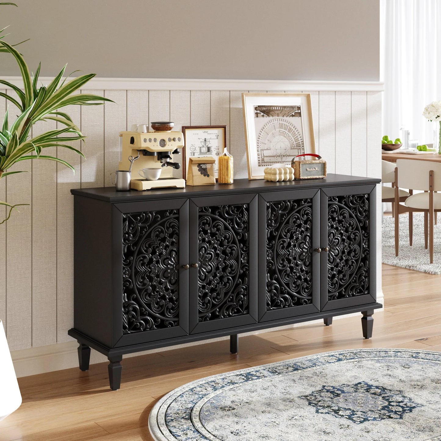 60' Antique Buffet Cabinet with Floral Carvings with Solid Wood Legs&Antique Brass Handles&Adjustable Shelves, TV Stand for 65''+ TV, Sideboard for Living Room, Dining Room (Antique Blue) detail view 23