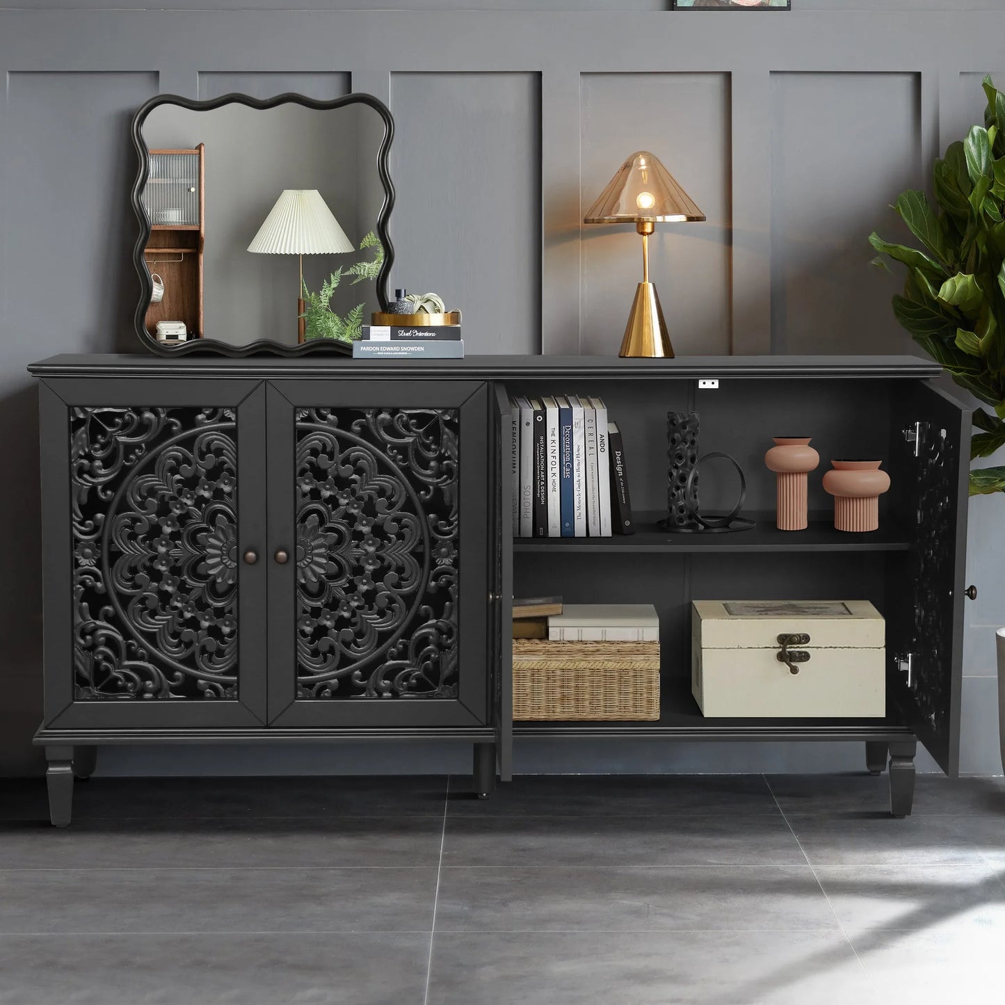 60' Antique Buffet Cabinet with Floral Carvings with Solid Wood Legs&Antique Brass Handles&Adjustable Shelves, TV Stand for 65''+ TV, Sideboard for Living Room, Dining Room (Antique Blue) detail view 24