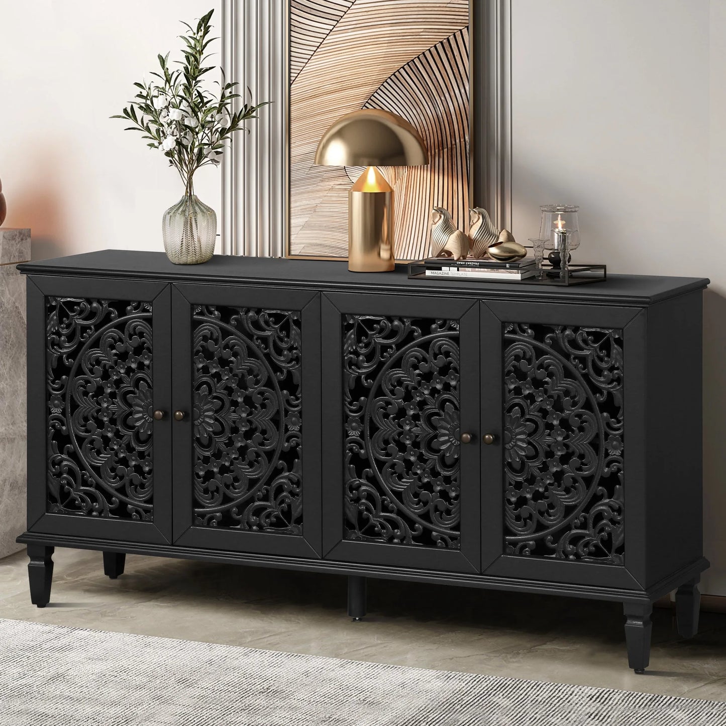 60' Antique Buffet Cabinet with Floral Carvings with Solid Wood Legs&Antique Brass Handles&Adjustable Shelves, TV Stand for 65''+ TV, Sideboard for Living Room, Dining Room (Antique Blue) detail view 25