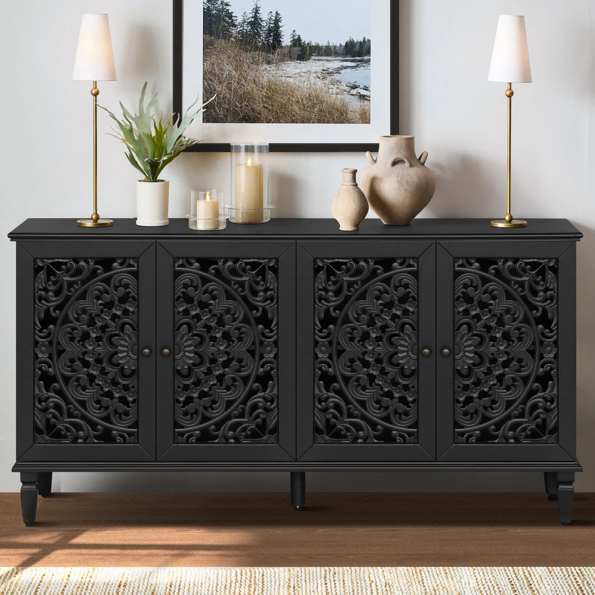 60' Antique Buffet Cabinet with Floral Carvings with Solid Wood Legs&Antique Brass Handles&Adjustable Shelves, TV Stand for 65''+ TV, Sideboard for Living Room, Dining Room (Antique Blue) detail view 26