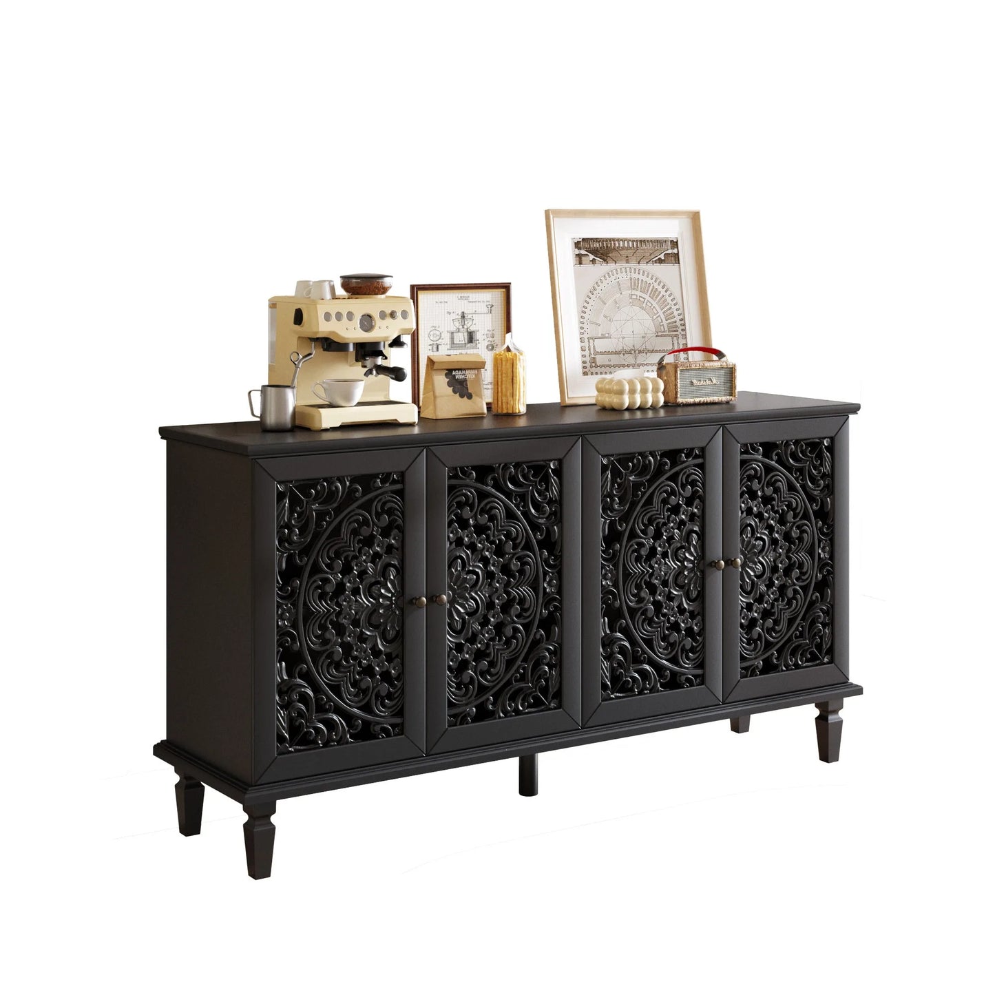 60' Antique Buffet Cabinet with Floral Carvings with Solid Wood Legs&Antique Brass Handles&Adjustable Shelves, TV Stand for 65''+ TV, Sideboard for Living Room, Dining Room (Antique Blue) detail view 28