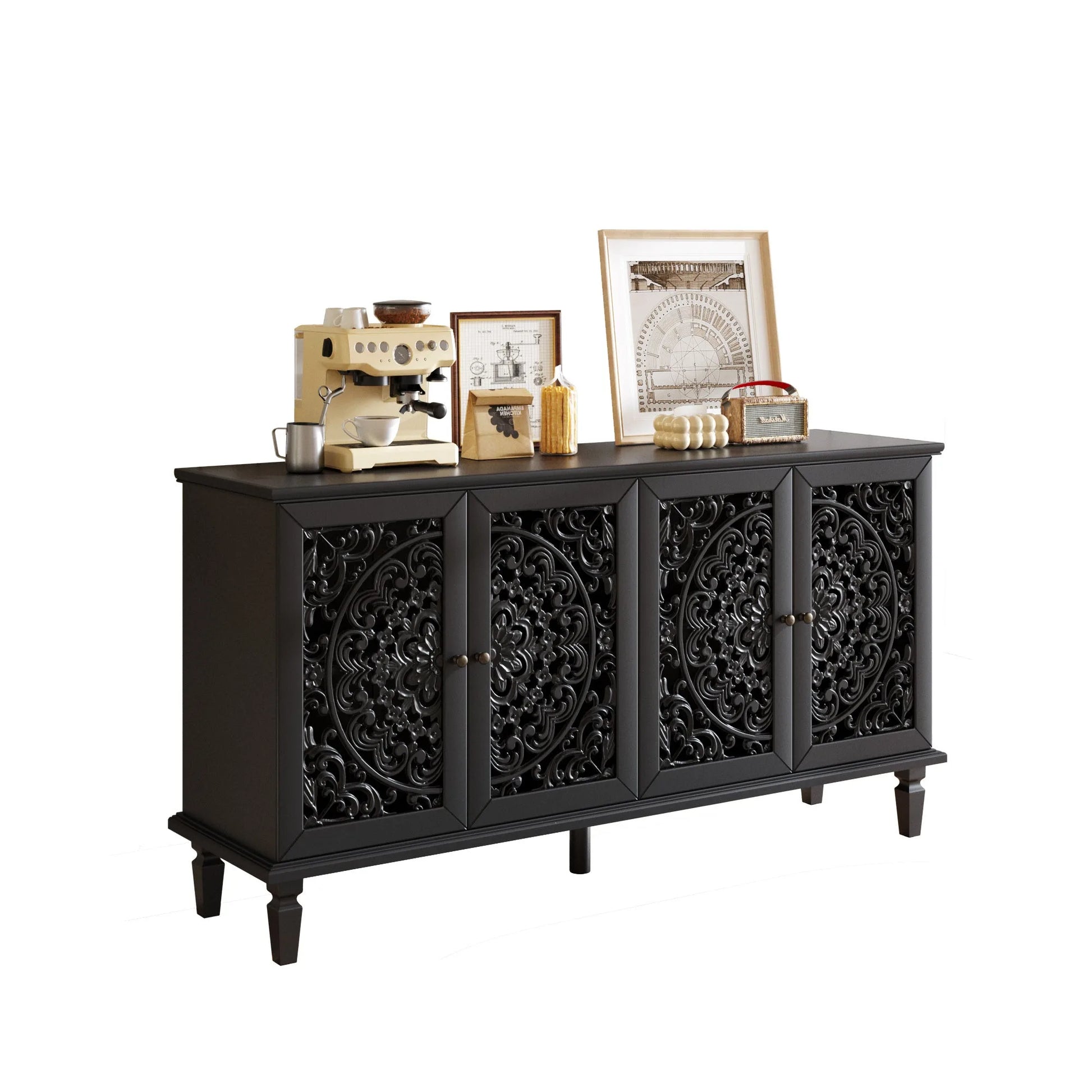 60' Antique Buffet Cabinet with Floral Carvings with Solid Wood Legs&Antique Brass Handles&Adjustable Shelves, TV Stand for 65''+ TV, Sideboard for Living Room, Dining Room (Antique Blue) detail view 28