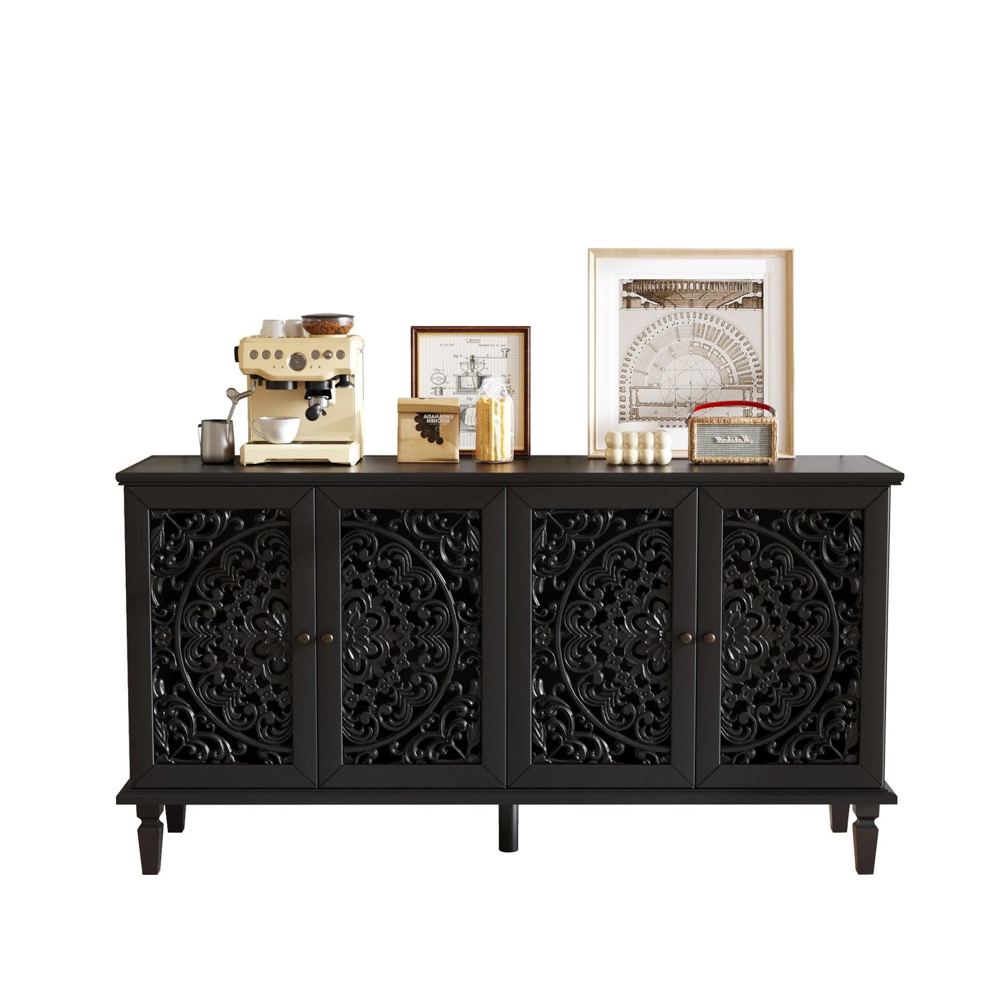 60' Antique Buffet Cabinet with Floral Carvings with Solid Wood Legs&Antique Brass Handles&Adjustable Shelves, TV Stand for 65''+ TV, Sideboard for Living Room, Dining Room (Antique Blue) detail view 29