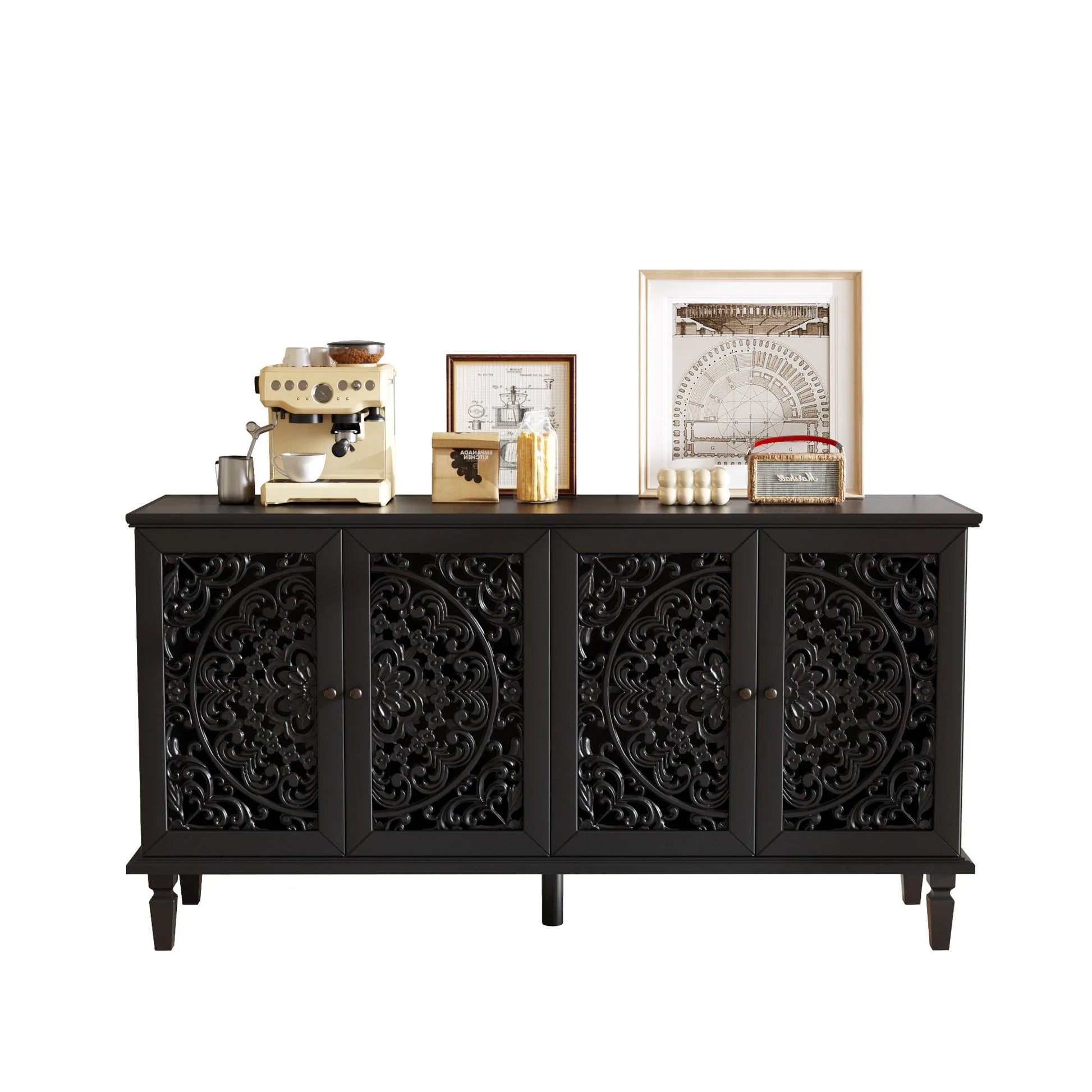 60' Antique Buffet Cabinet with Floral Carvings with Solid Wood Legs&Antique Brass Handles&Adjustable Shelves, TV Stand for 65''+ TV, Sideboard for Living Room, Dining Room (Antique Blue) detail view 29
