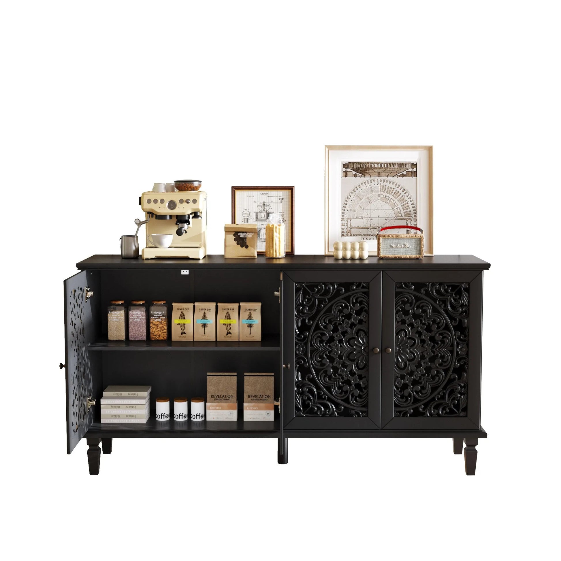 60' Antique Buffet Cabinet with Floral Carvings with Solid Wood Legs&Antique Brass Handles&Adjustable Shelves, TV Stand for 65''+ TV, Sideboard for Living Room, Dining Room (Antique Blue) detail view 30