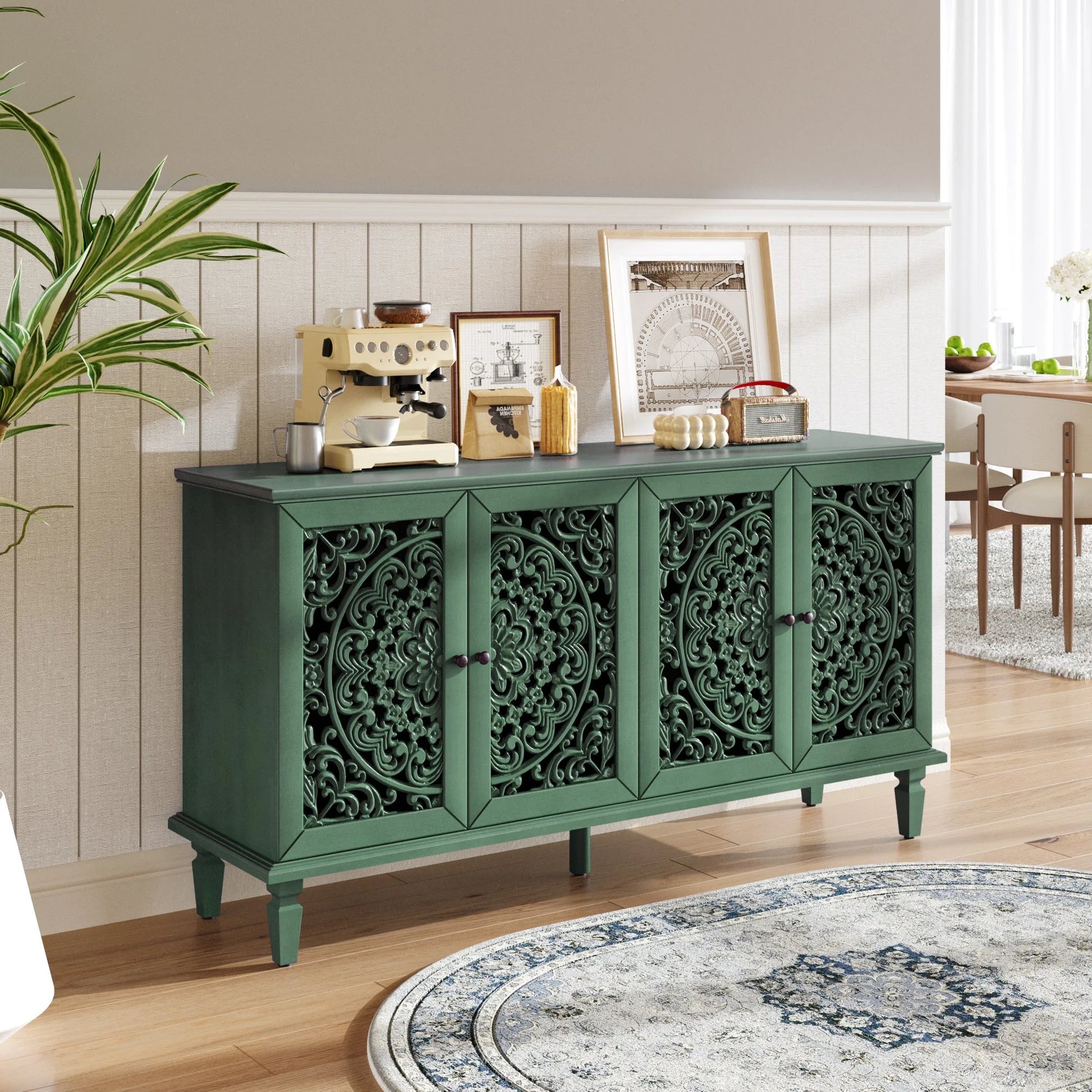 60' Antique Buffet Cabinet with Floral Carvings with Solid Wood Legs&Antique Brass Handles&Adjustable Shelves, TV Stand for 65''+ TV, Sideboard for Living Room, Dining Room (Antique Blue) detail view 43