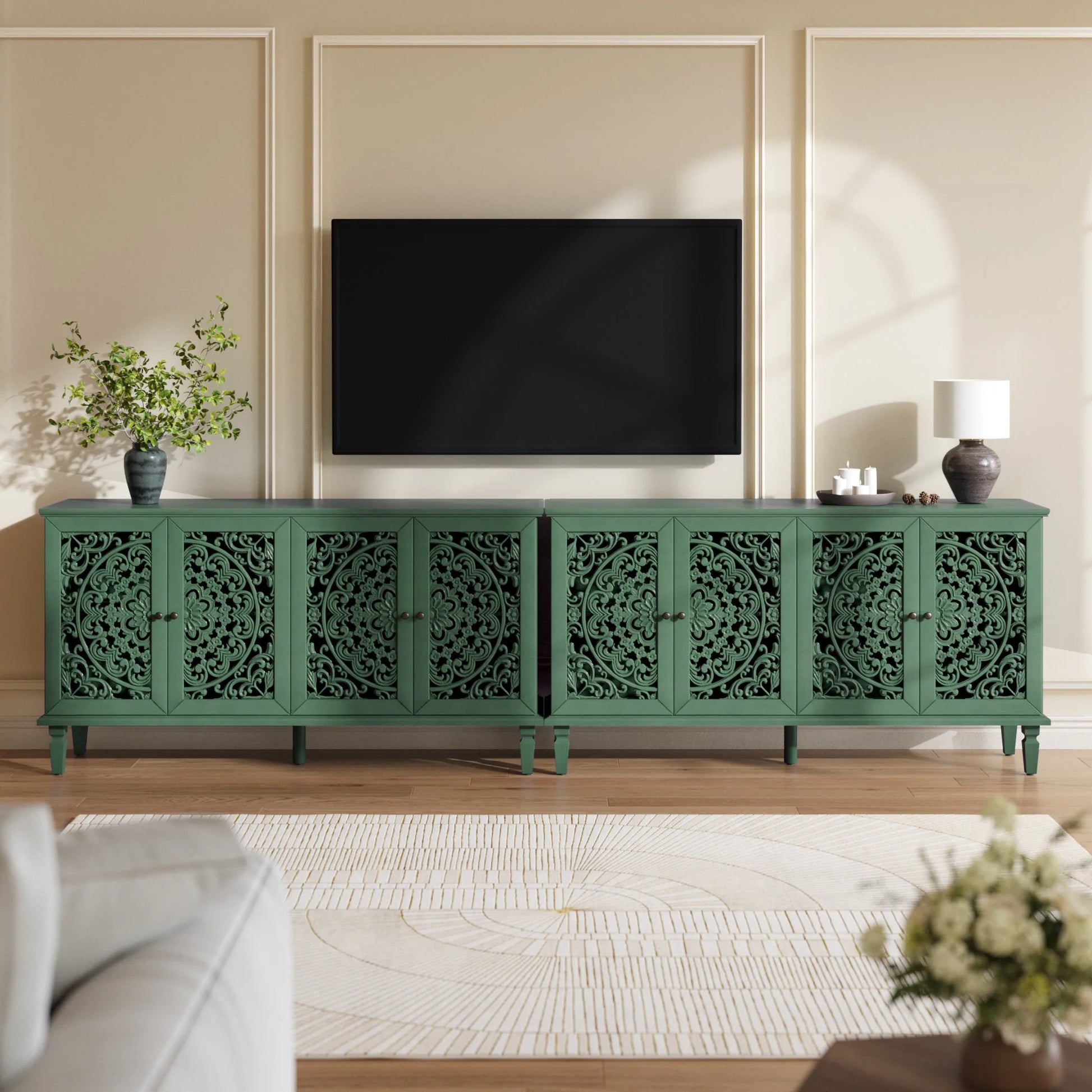 60' Antique Buffet Cabinet with Floral Carvings with Solid Wood Legs&Antique Brass Handles&Adjustable Shelves, TV Stand for 65''+ TV, Sideboard for Living Room, Dining Room (Antique Blue) detail view 44
