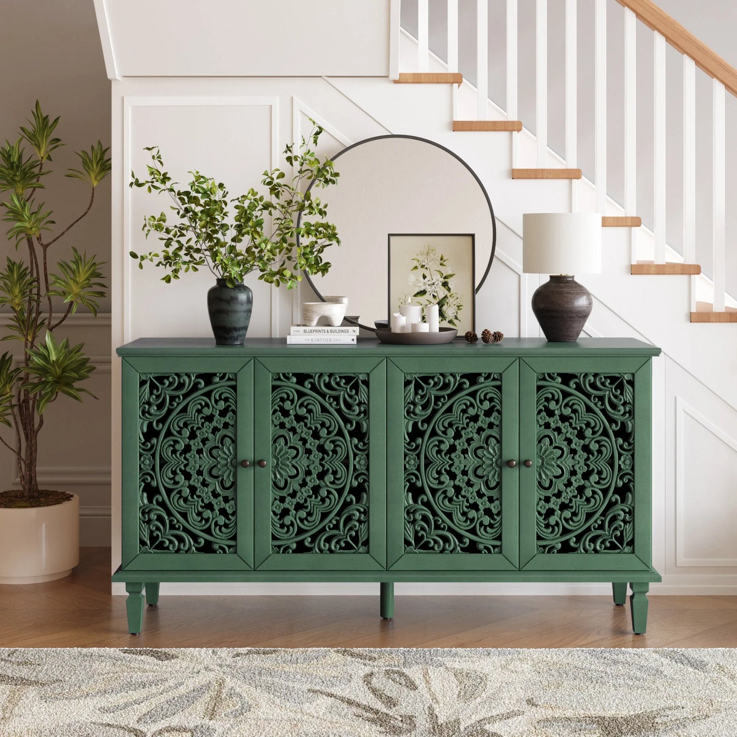60' Antique Buffet Cabinet with Floral Carvings with Solid Wood Legs&Antique Brass Handles&Adjustable Shelves, TV Stand for 65''+ TV, Sideboard for Living Room, Dining Room (Antique Blue) detail view 45