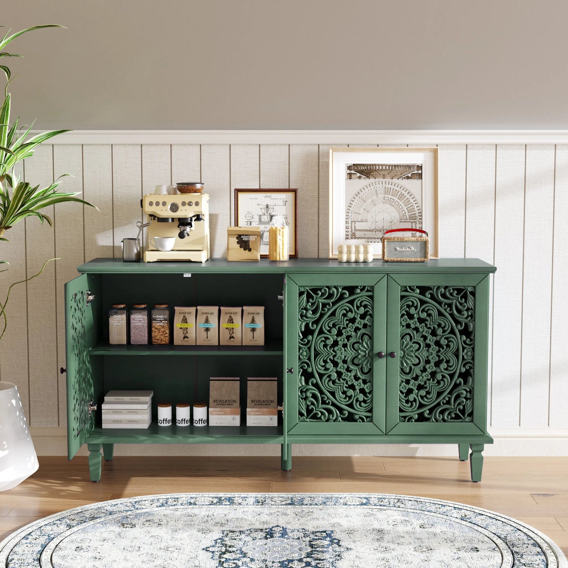 60' Antique Buffet Cabinet with Floral Carvings with Solid Wood Legs&Antique Brass Handles&Adjustable Shelves, TV Stand for 65''+ TV, Sideboard for Living Room, Dining Room (Antique Blue) detail view 46