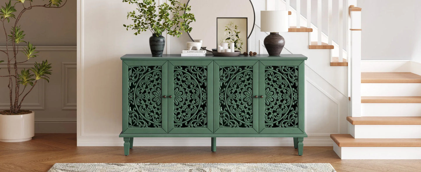 60' Antique Buffet Cabinet with Floral Carvings with Solid Wood Legs&Antique Brass Handles&Adjustable Shelves, TV Stand for 65''+ TV, Sideboard for Living Room, Dining Room (Antique Blue) detail view 47