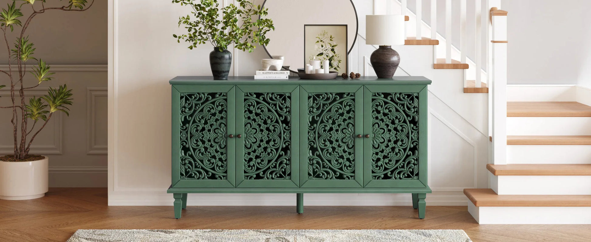 60' Antique Buffet Cabinet with Floral Carvings with Solid Wood Legs&Antique Brass Handles&Adjustable Shelves, TV Stand for 65''+ TV, Sideboard for Living Room, Dining Room (Antique Blue) detail view 47